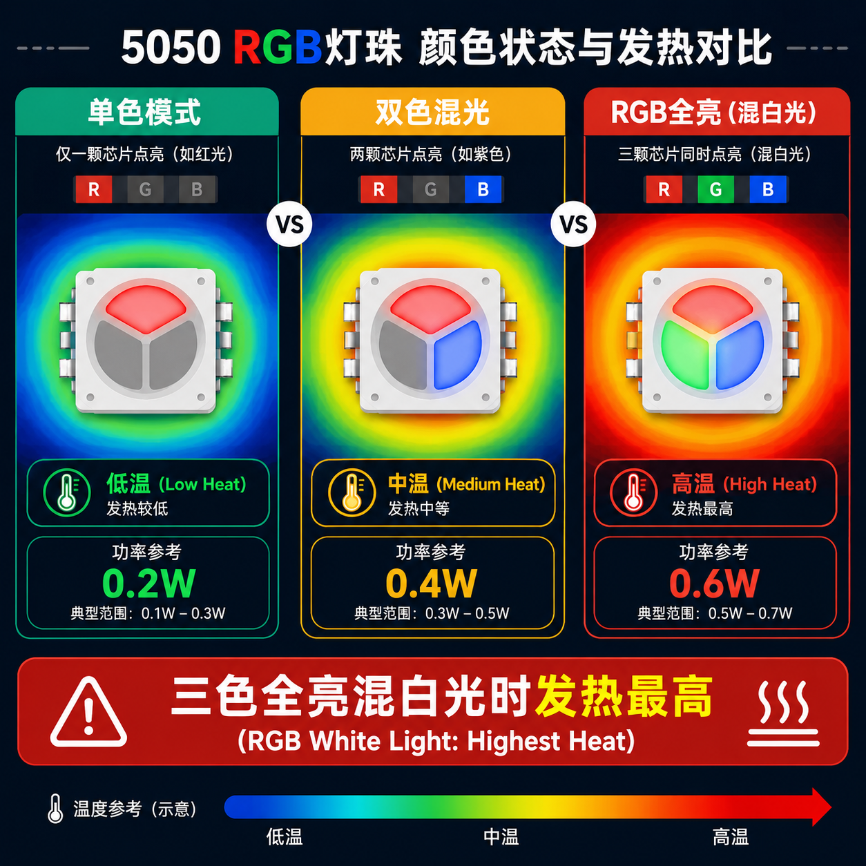 5050 RGB灯珠在不同颜色点亮状态下的发热对比图。图示单色点亮时发热较低,双色混光时中等,而RGB三色全亮混白光时发热最高,并附有功率参考值。