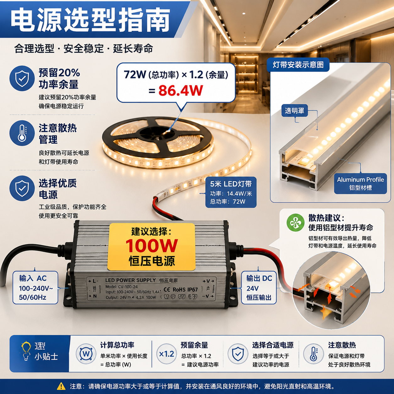 505060珠LED灯带功率是多少？电源与电流选型指南