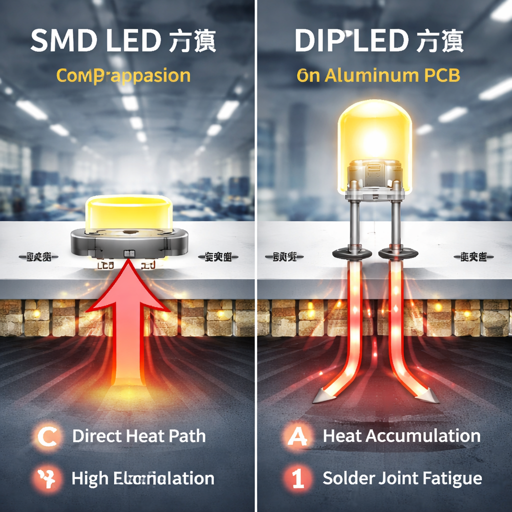 SMD贴片LED与直插DIP LED在铝基板上的散热路径对比图