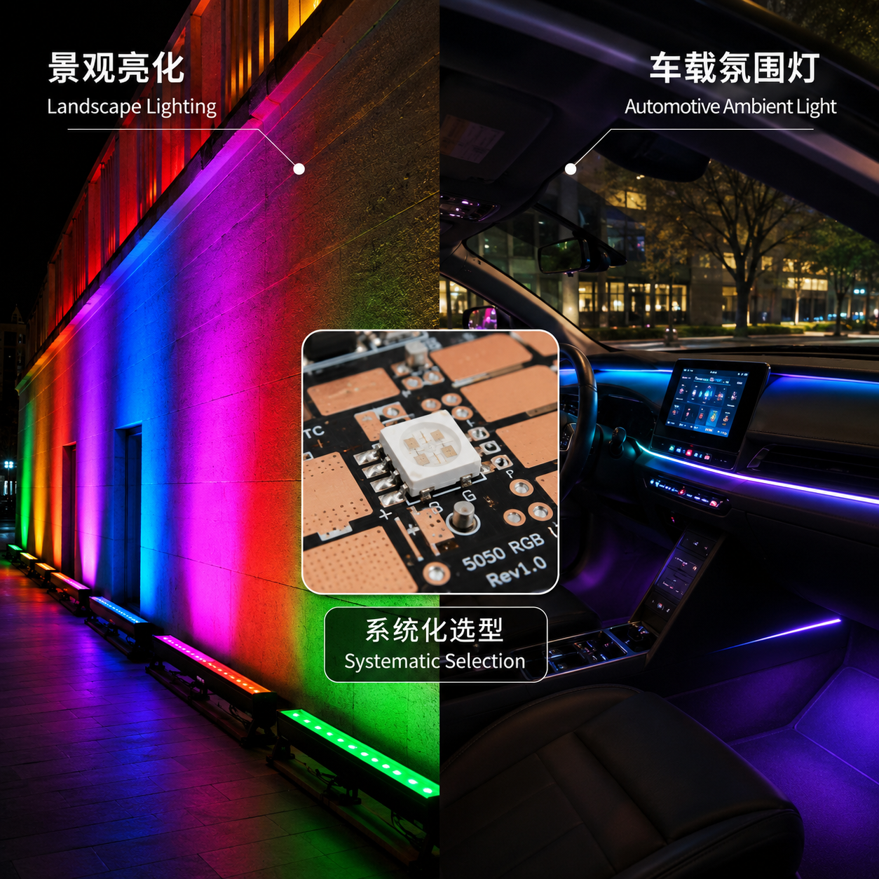 5050 RGB大功率灯珠在景观亮化和车载氛围灯中的应用效果图,中央小图展示灯珠焊接在带铜箔的PCB板上,强调系统化选型的重要性。