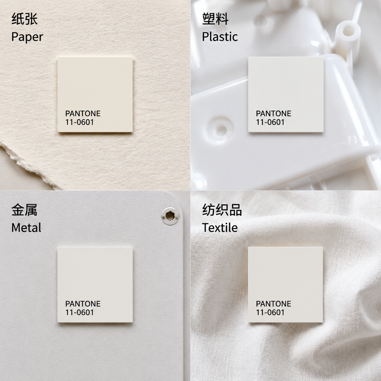 一张多材质白色对比图，展示潘通11-0601色块在冷压艺术纸、高光塑料、哑光金属和柔软亚麻织物上呈现的微小色差。