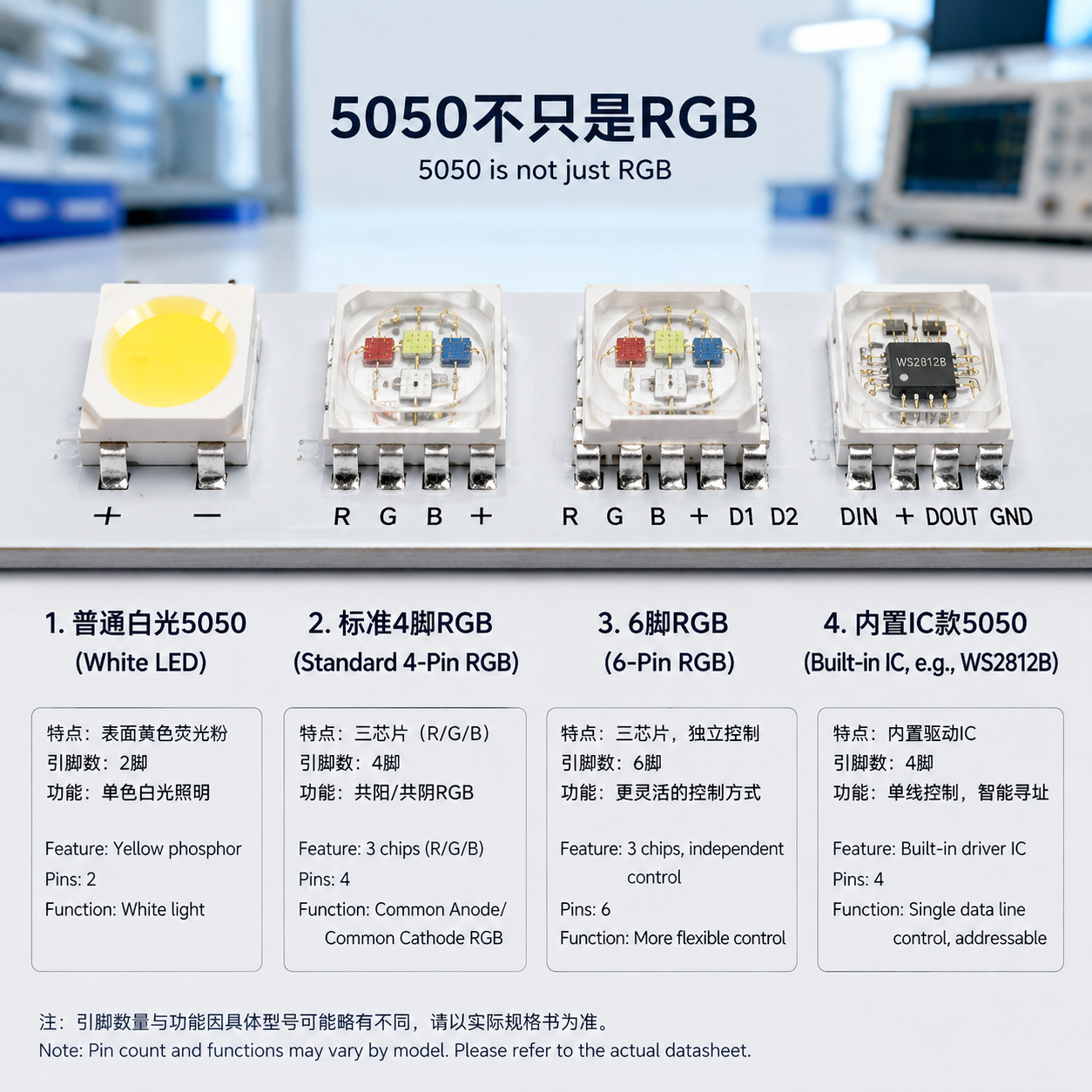 不同类型的5050封装灯珠对比图，包括普通白光、标准4脚RGB、6脚RGB和内置IC款， illustrating 5050不只是RGB。
