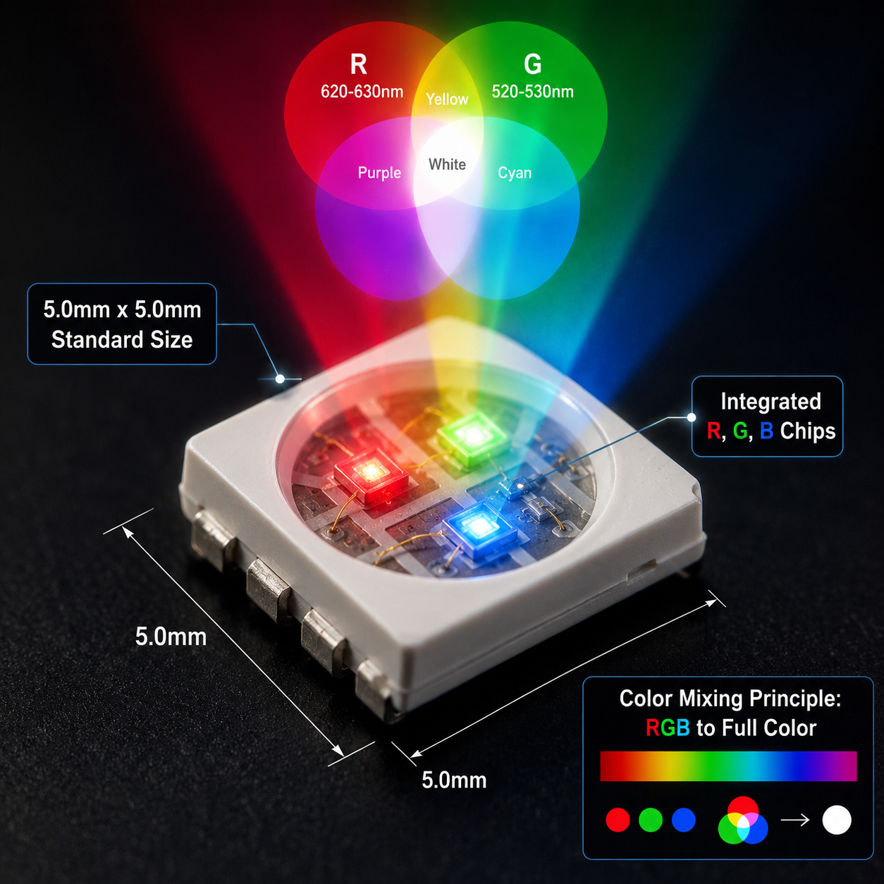 5050 RGB LED灯珠的微距特写,展示其5.0x5.0mm尺寸、内部红绿蓝三色芯片以及三原色混光生成多种颜色的原理示意图。
