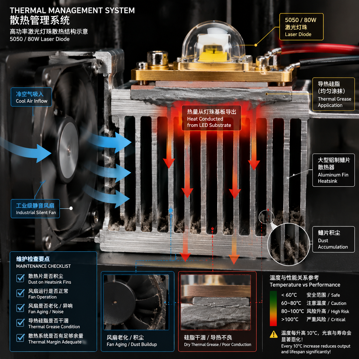 激光灯珠安装在大型鳍片散热器上的结构特写,展示导热硅脂和冷却风扇如何协同散热,确保高功率灯珠稳定运行。