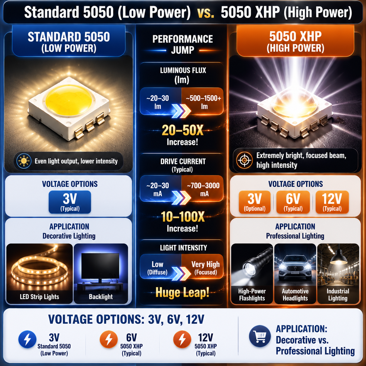 信息图表对比普通5050 LED与5050 XHP灯珠的性能差异，突出XHP在高光密度、高驱动电流及专业照明应用上的优势