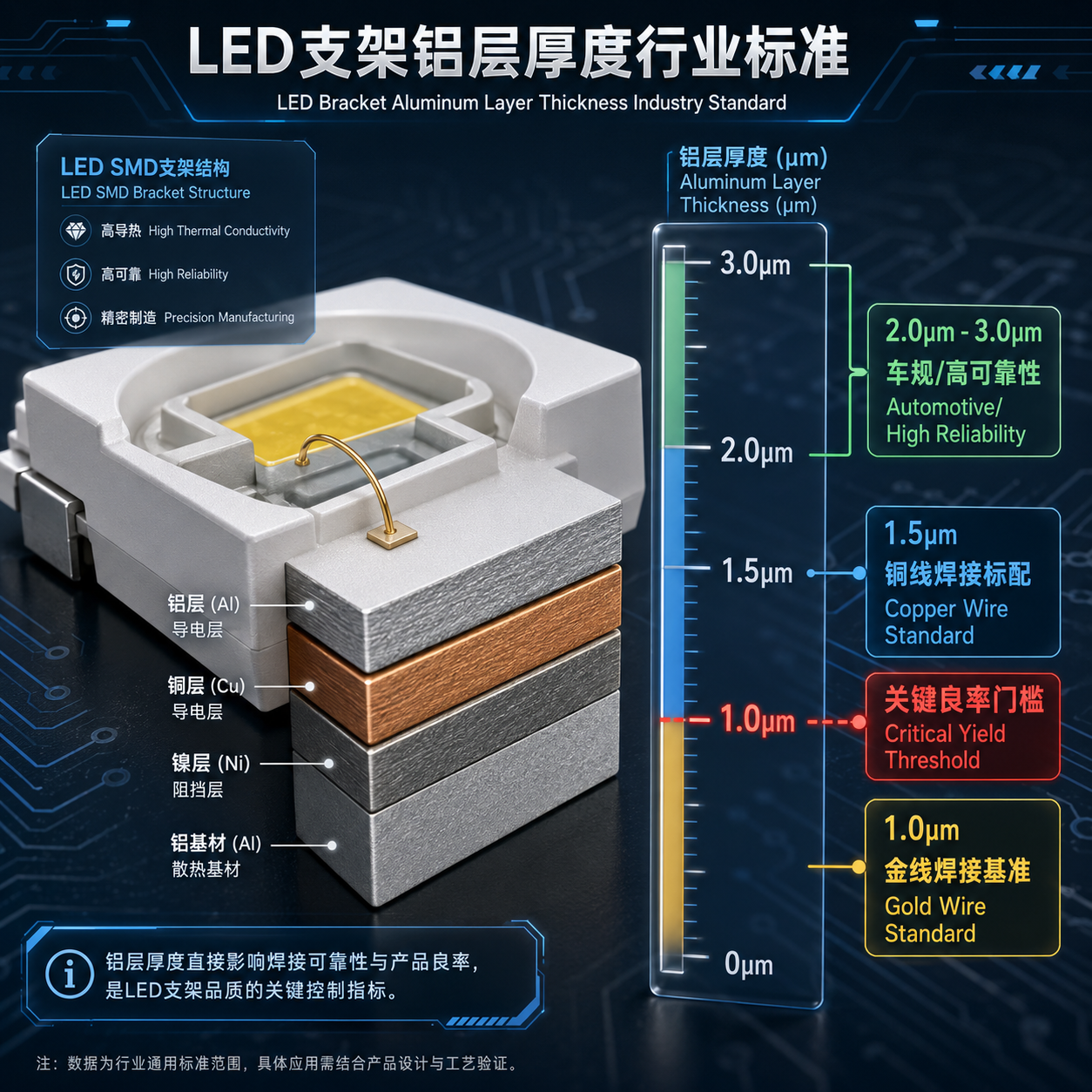 LED支架焊接铝层厚度行业标准可视化图,标示金线、铜线焊接及高可靠性应用的厚度基准和关键良率门槛。