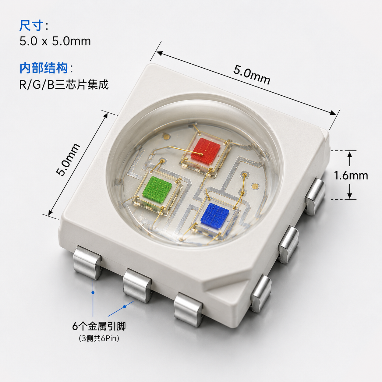 5050 RGB灯珠结构特写，展示5.0x5.0mm尺寸和内部集成红绿蓝三芯片