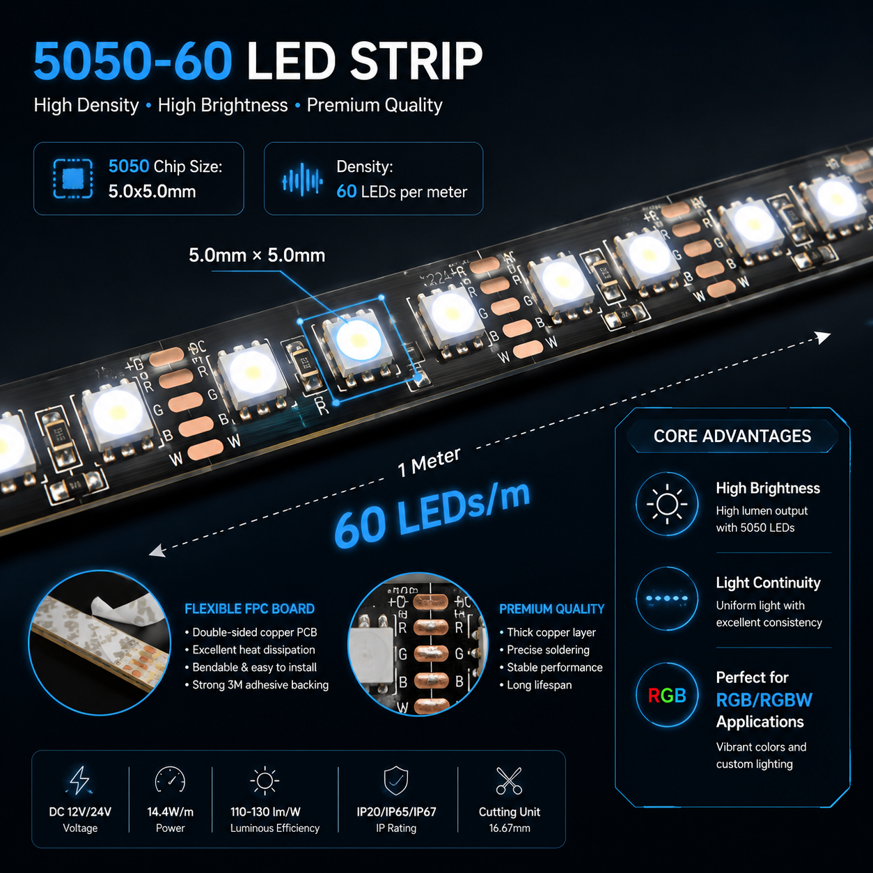 一张5050-60珠灯带的结构示意图，显示了每米60颗5x5mm的SMD5050灯珠，强调其高亮度和光线连续性。
