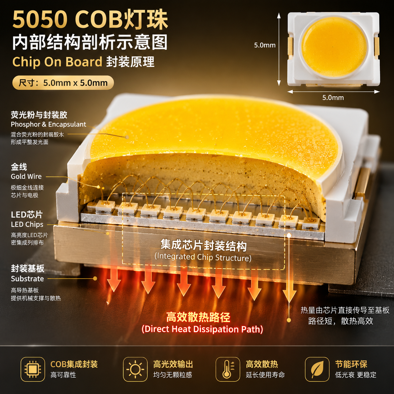 5050 COB灯珠内部结构剖析示意图,清晰展示了高导热封装基板上集成的LED芯片、金线连接以及覆盖的荧光粉封装胶,并标示出高效散热路径。