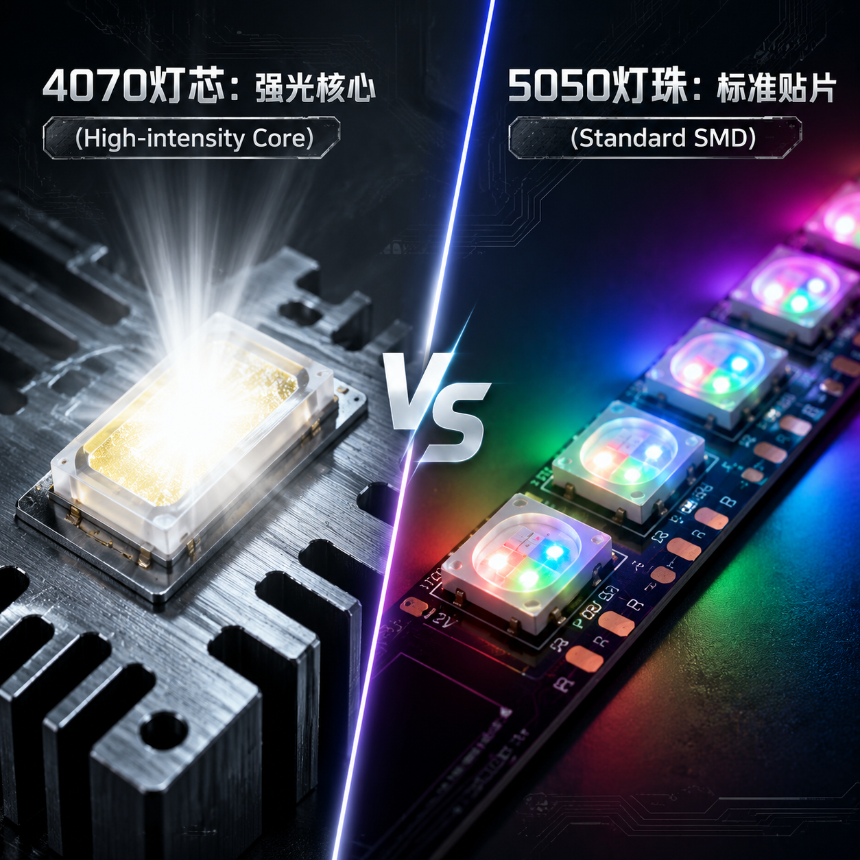 4070灯芯与5050灯珠对比,展示4070的强光核心与5050的标准贴片多色特点