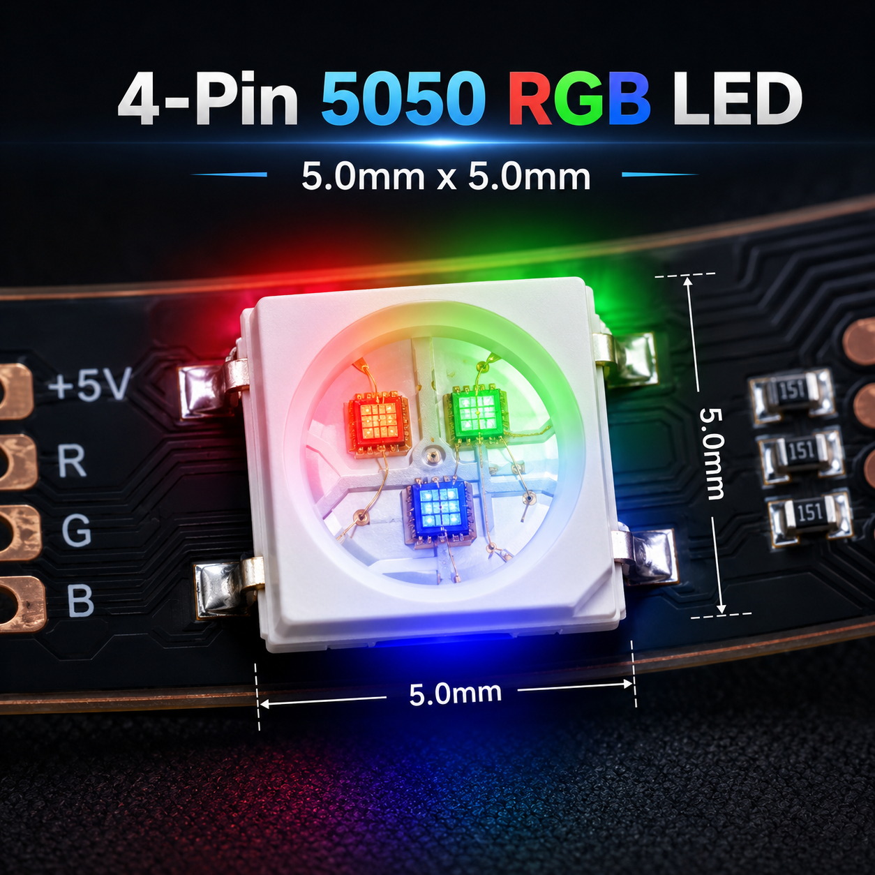 一张特写高质量的4芯5050 RGB灯珠,显示其5.0mm x 5.0mm尺寸、四个引脚及内部红绿蓝芯片,在柔性电路板上发出混色光芒。