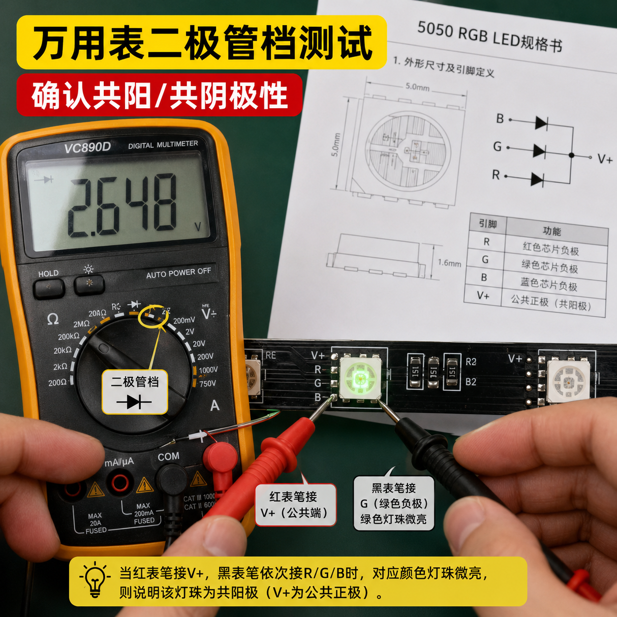 使用万用表二极管档测试5050 RGB灯珠引脚，确认共阳或共阴极性及R/G/B通道