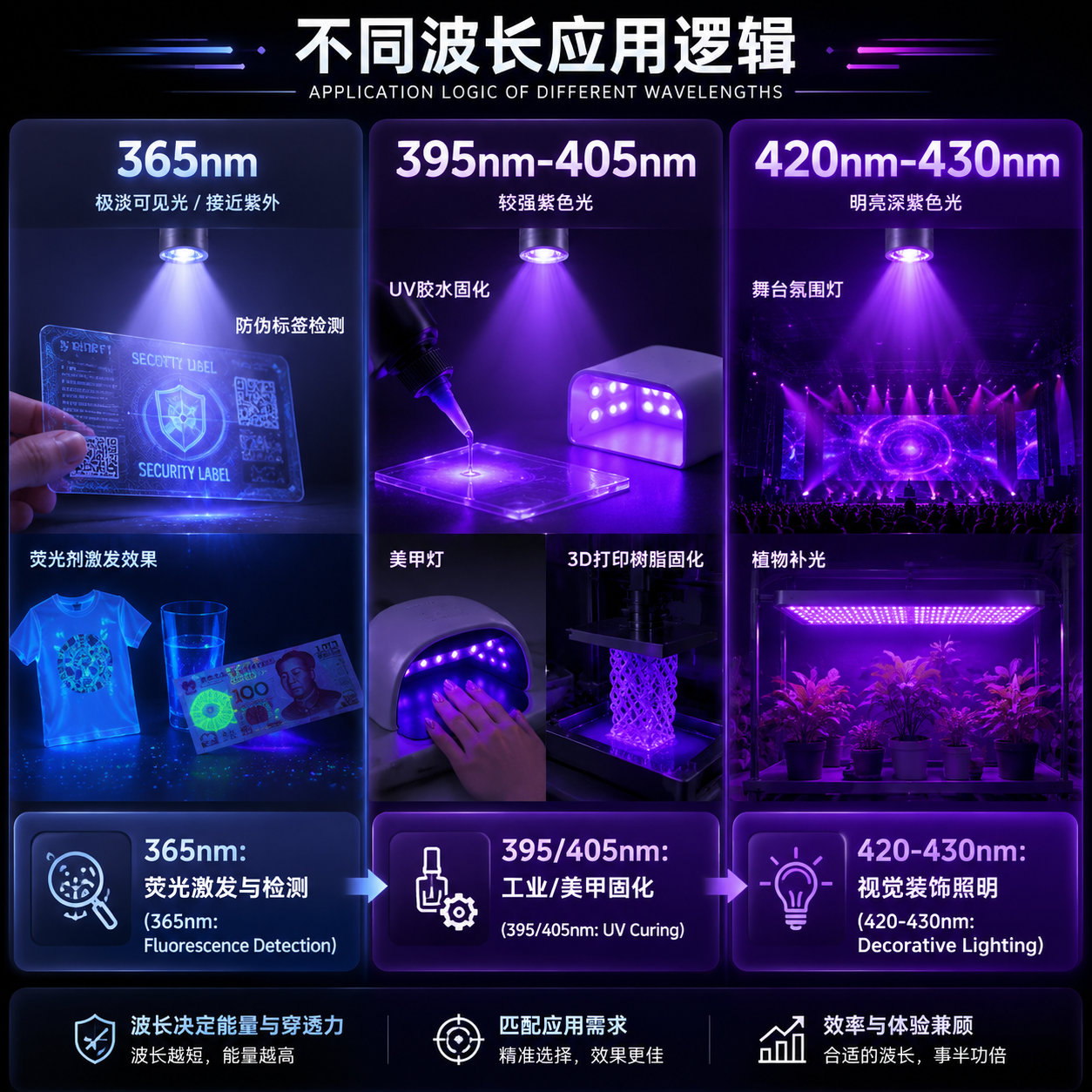 信息图表对比了365nm、395/405nm和420-430nm三种5050LED紫光灯珠波长段的主要应用,包括荧光激发、工业固化、美甲、3D打印和装饰照明。