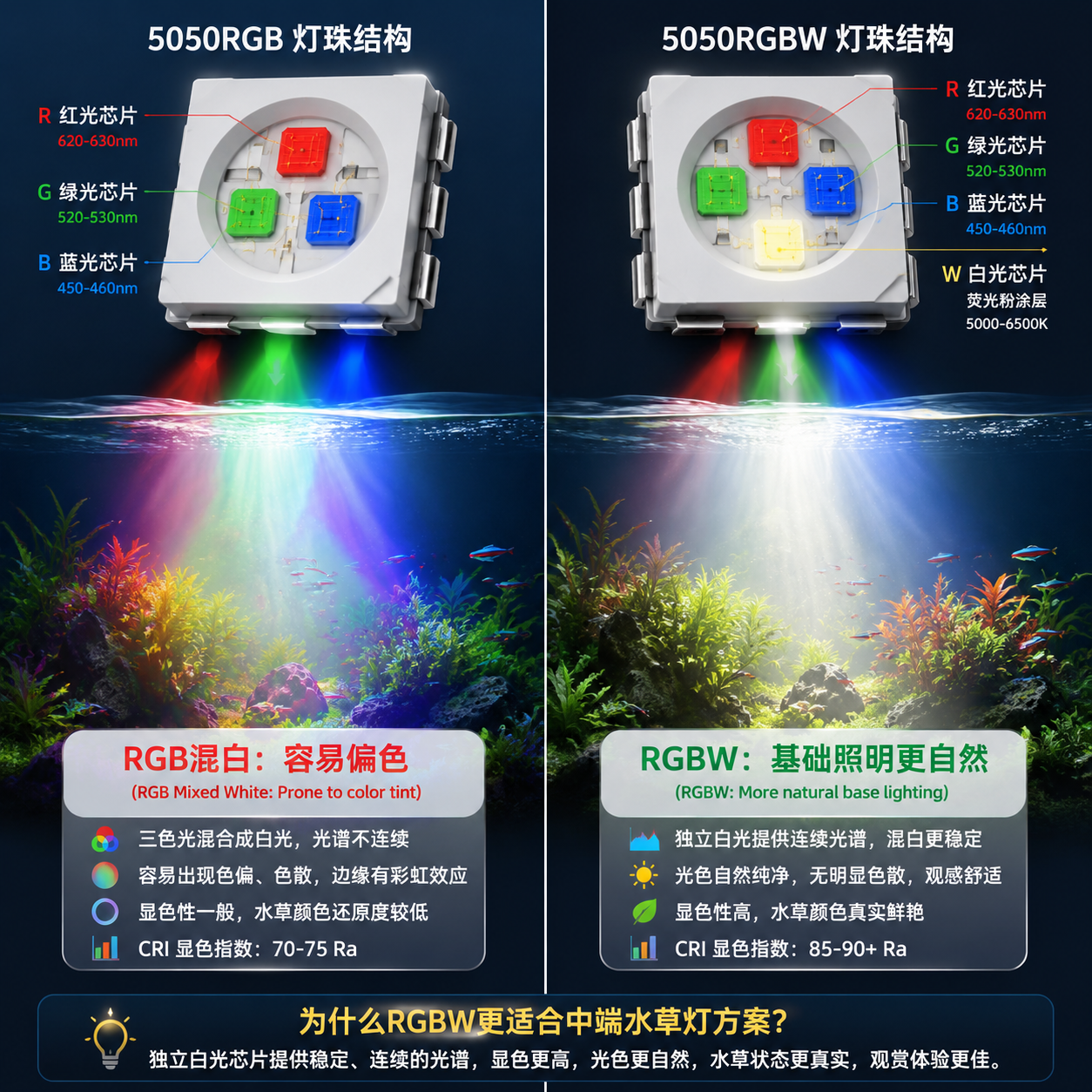 5050RGB与5050RGBW灯珠结构及光效对比图,展示RGB混白容易偏色,而RGBW通过独立的白光芯片提供更自然的基础照明。