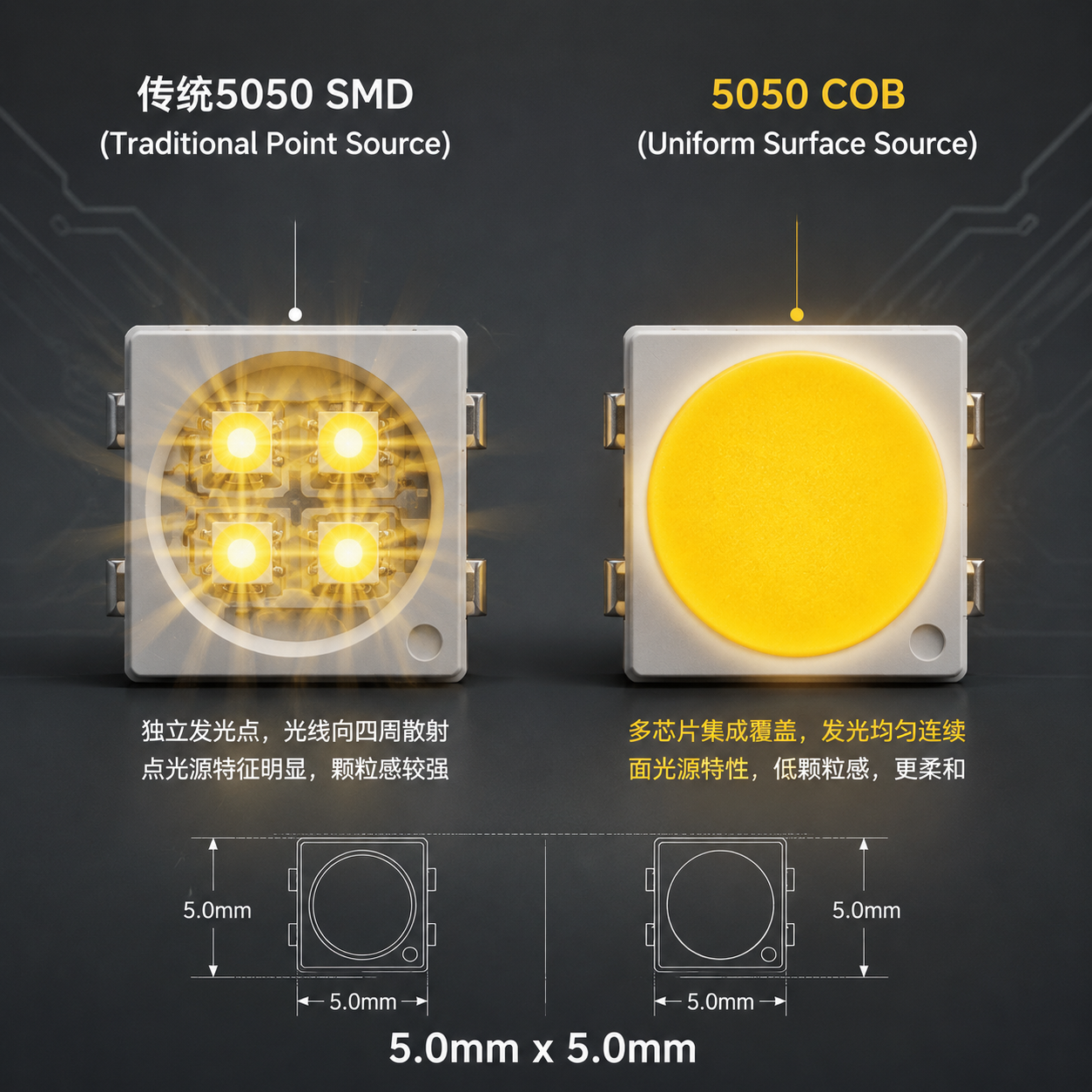 5050 COB灯珠与传统5050 SMD灯珠的结构与发光效果对比图,左侧SMD显示点光源特征,右侧COB显示均匀面光源效果,尺寸均为5.0mm x 5.0mm。