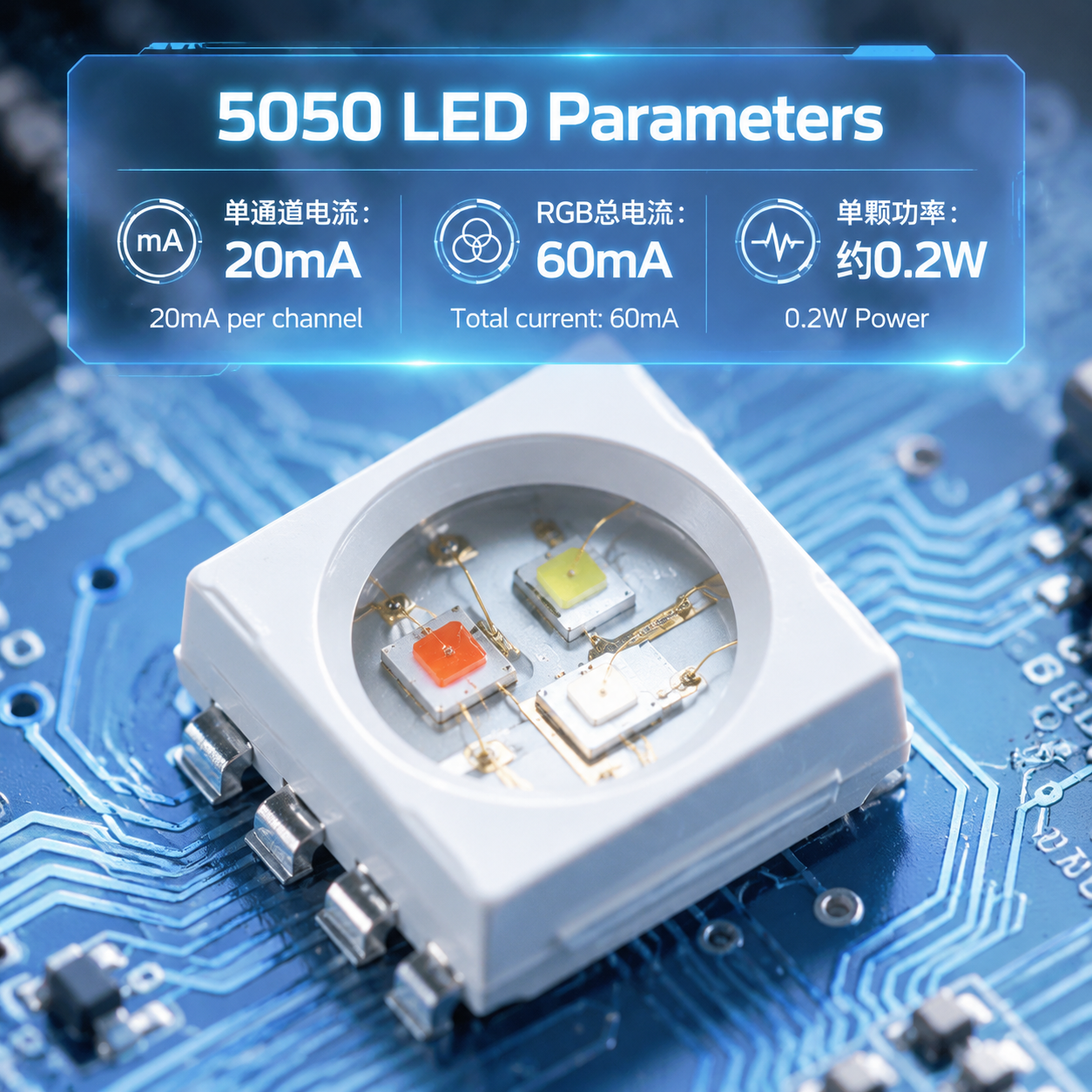 5050 LED灯珠特写及核心电流参数,显示单通道20mA和RGB总电流60mA。