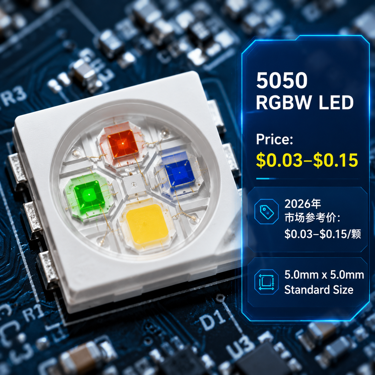 一张5050 RGBW灯珠的微距特写图,展示了其5.0mm x 5.0mm的尺寸和内部RGBW芯片结构,并标注了2026年市场参考价格区间:$0.03–$0.15/颗。
