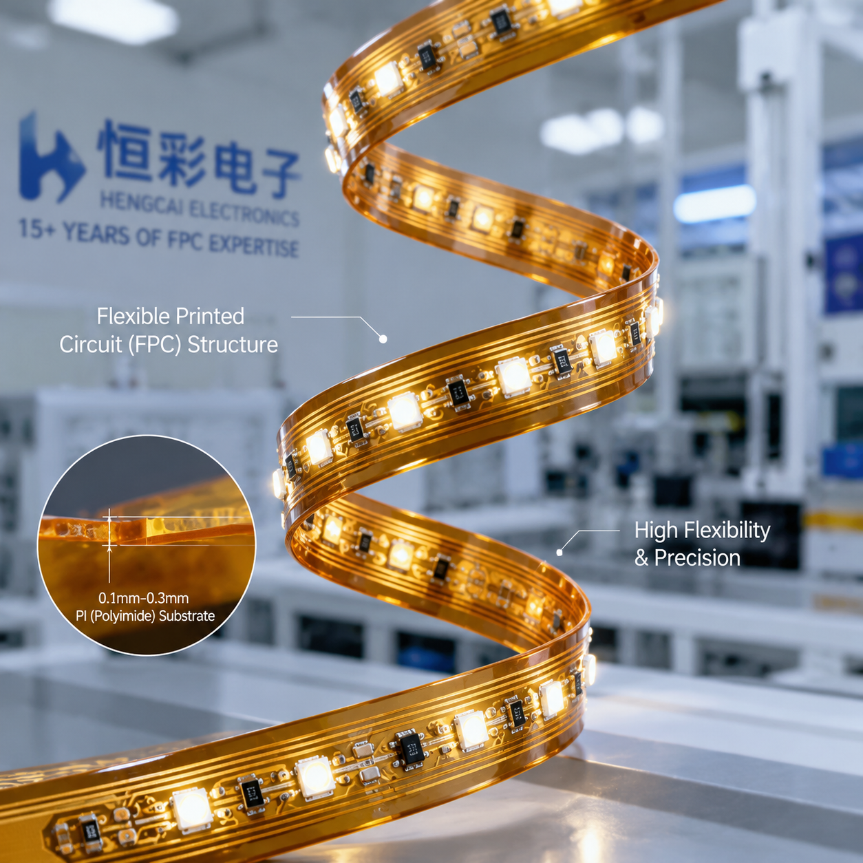 可弯曲的LED柔性灯条(FPC)结构特写,展示PI基材与精密铜箔线路