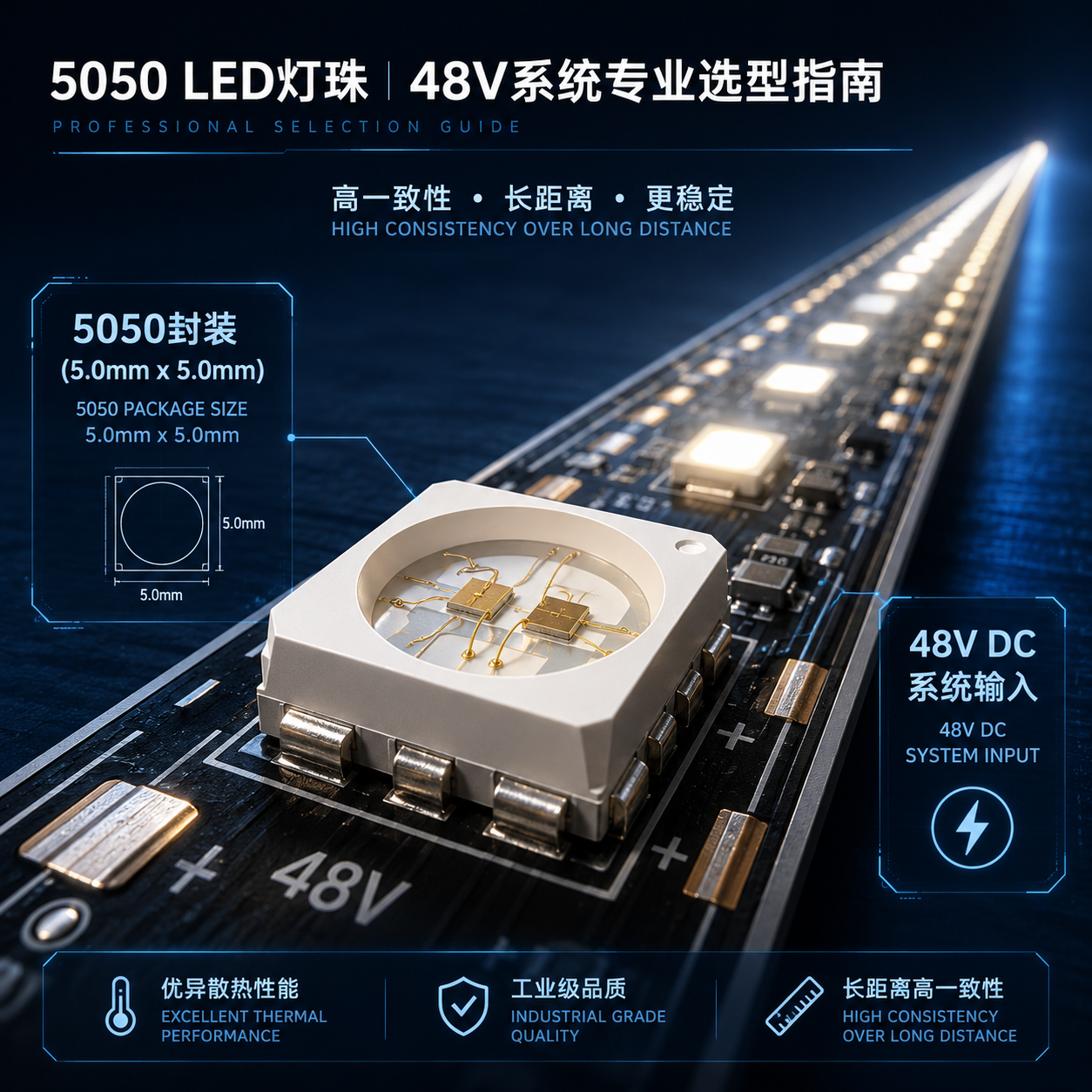 特写5050 LED灯珠,展示其5.0x5.0mm封装结构及内部芯片,背景是均匀发光的48V长距离LED灯带,强调48V系统在长距离应用中的稳定性和亮度一致性。
