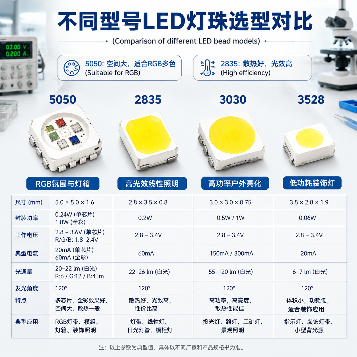 不同型号LED灯珠选型对比图，包括5050、2835、3528和3030，展示各自的封装特点和典型应用场景，辅助读者理解区别
