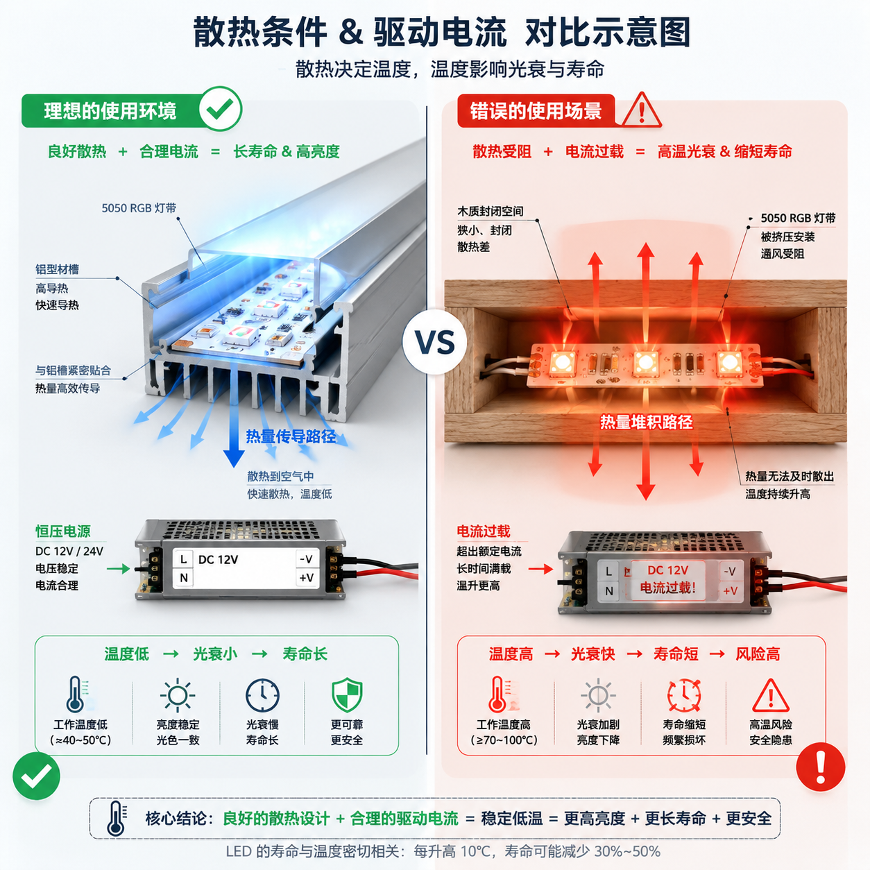 5050RGB灯珠散热与驱动对比图:左侧为铝槽良好散热和稳定驱动,右侧为狭窄空间散热不良与电流过载导致的高温。
