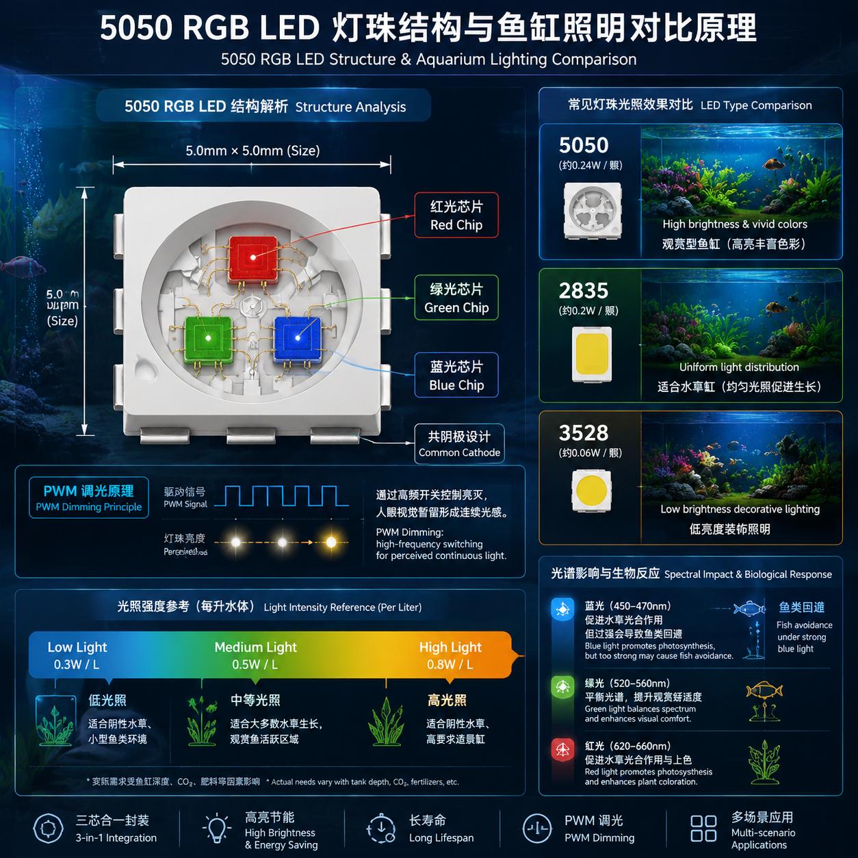 5050 RGB灯珠结构剖面与2835、3528灯珠对比的技术解析示意图，展示PWM调光原理与光照强度差异
