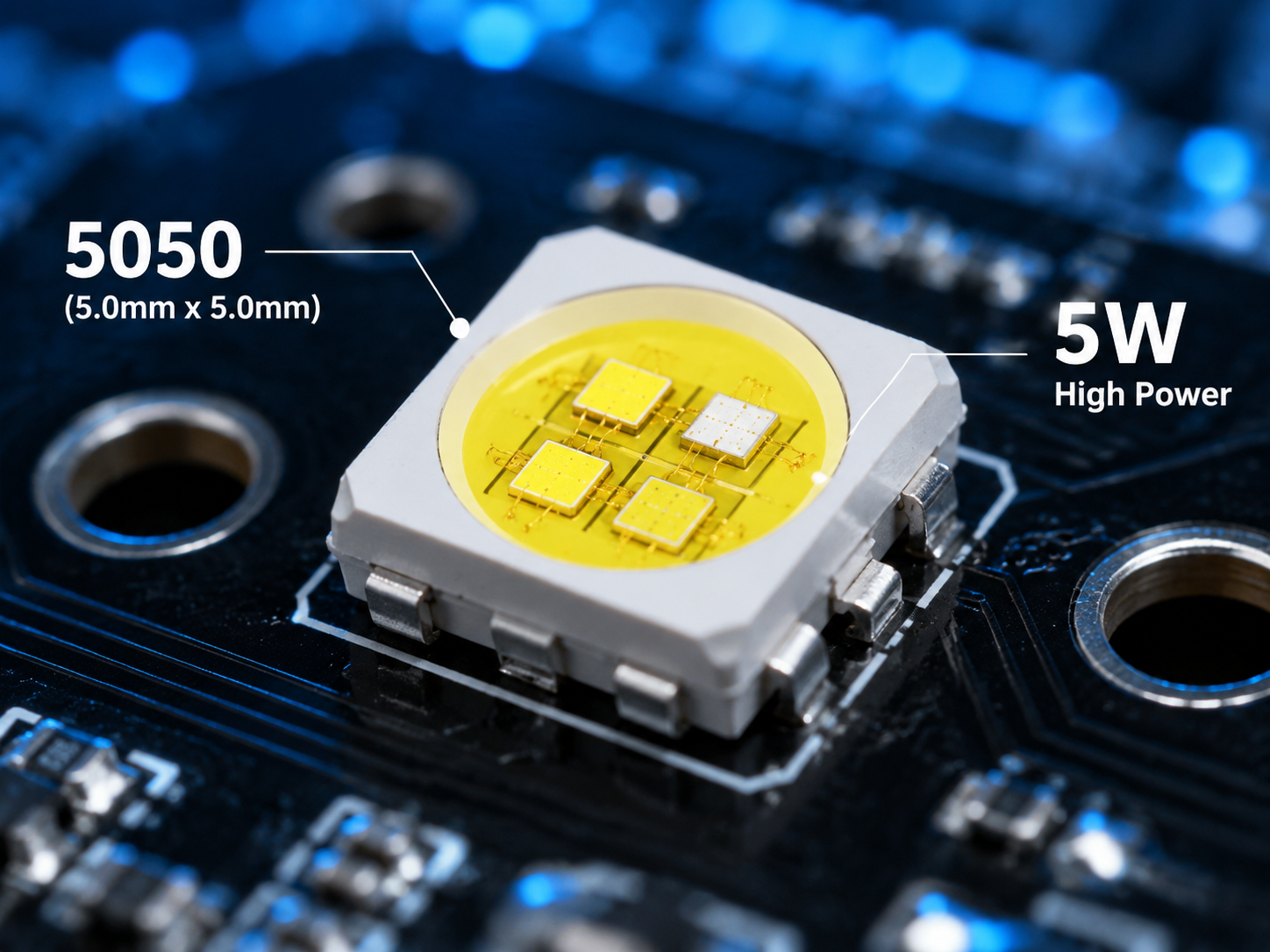 5050 5W灯珠产品特写，展示其5.0mm x 5.0mm封装尺寸和5W高功率特性，放置在高性能导热PCB板上