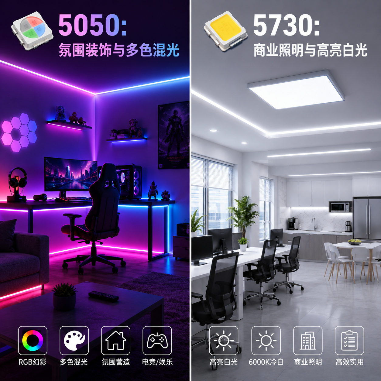 分屏应用场景对比图：左侧为使用5050灯珠的RGB氛围灯带（电竞房），右侧为使用5730灯珠的高亮白光面板灯（办公空间）。