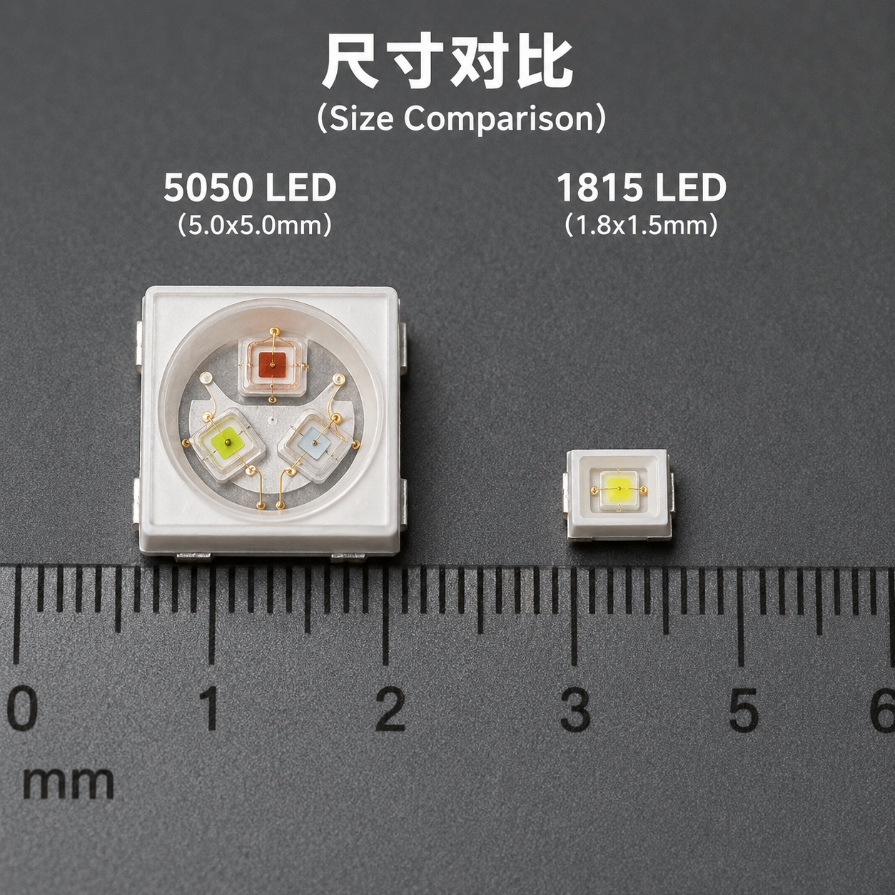5050和1815灯珠的尺寸对比图,展示了5.0mm x 5.0mm的5050灯珠和1.8mm x 1.5mm的1815灯珠在刻度尺上的实际大小差异