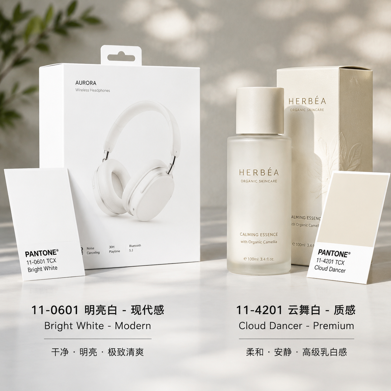 产品包装对比图，展示Pantone 11-0601 Bright White（耳机包装，现代感）和Pantone 11-4201 Cloud Dancer（护肤品包装，质感）的视觉氛围差异。