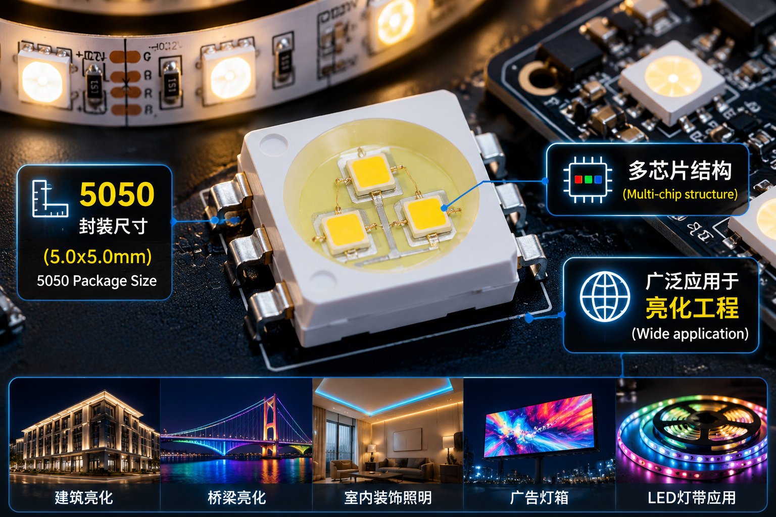 5050 LED灯珠的封装结构特写,展示其多芯片内部、六个引脚及5.0x5.0mm尺寸,背景为LED灯带与PCB板,体现其在亮化工程中的广泛应用。