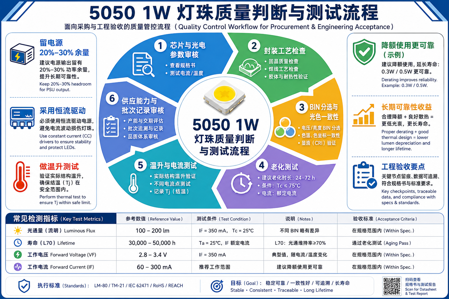 5050 1W 灯珠选型指南：参数、亮度与应用