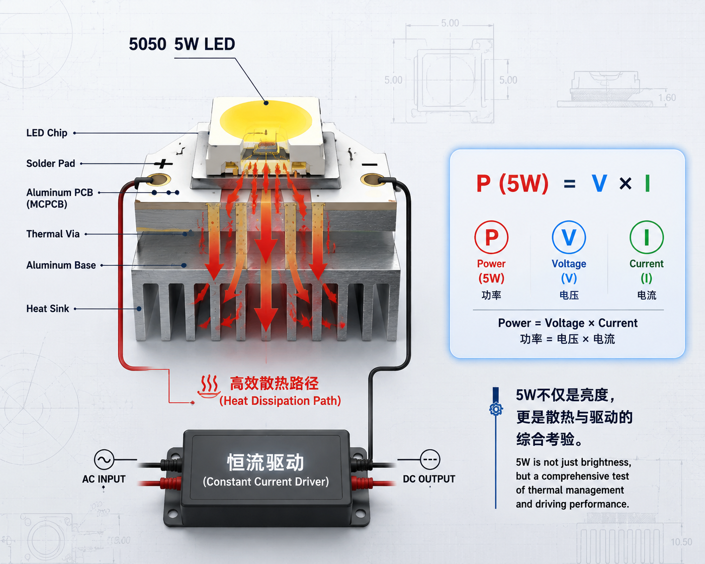 5050 5W灯珠技术原理示意图，展示芯片热量传导路径、功率P=V×I公式以及恒流驱动的重要性