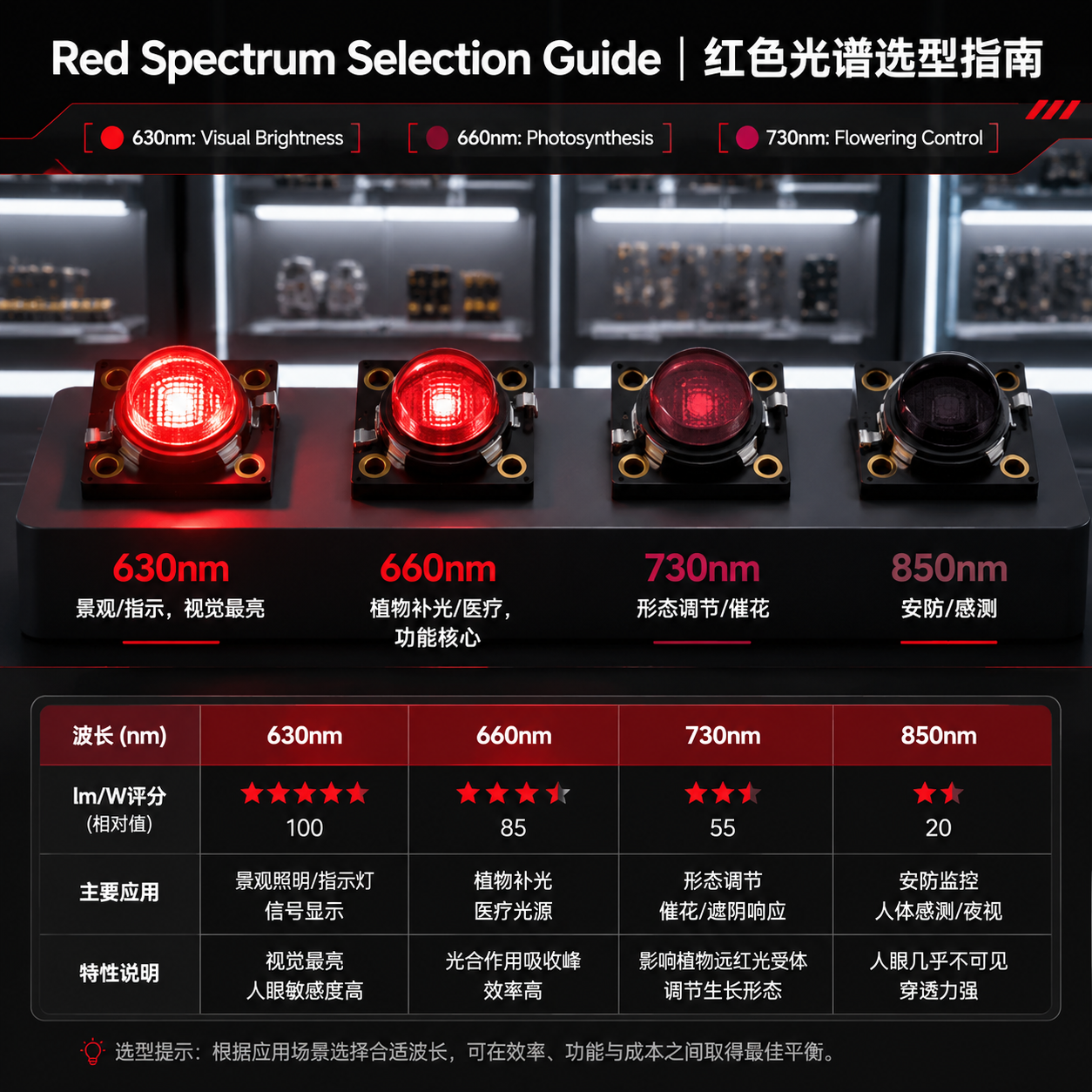 红色光660nm的极限光效是多少？