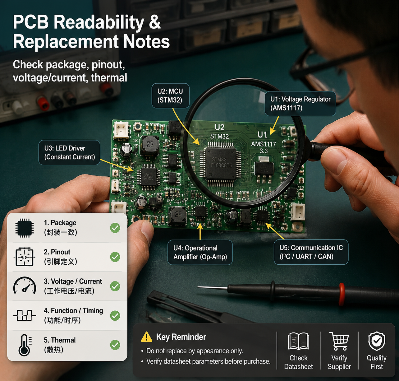 维修工程师放大镜检查PCB丝印U1、U2，图示替换检查清单：封装、引脚、电压/电流、功能/时序、散热