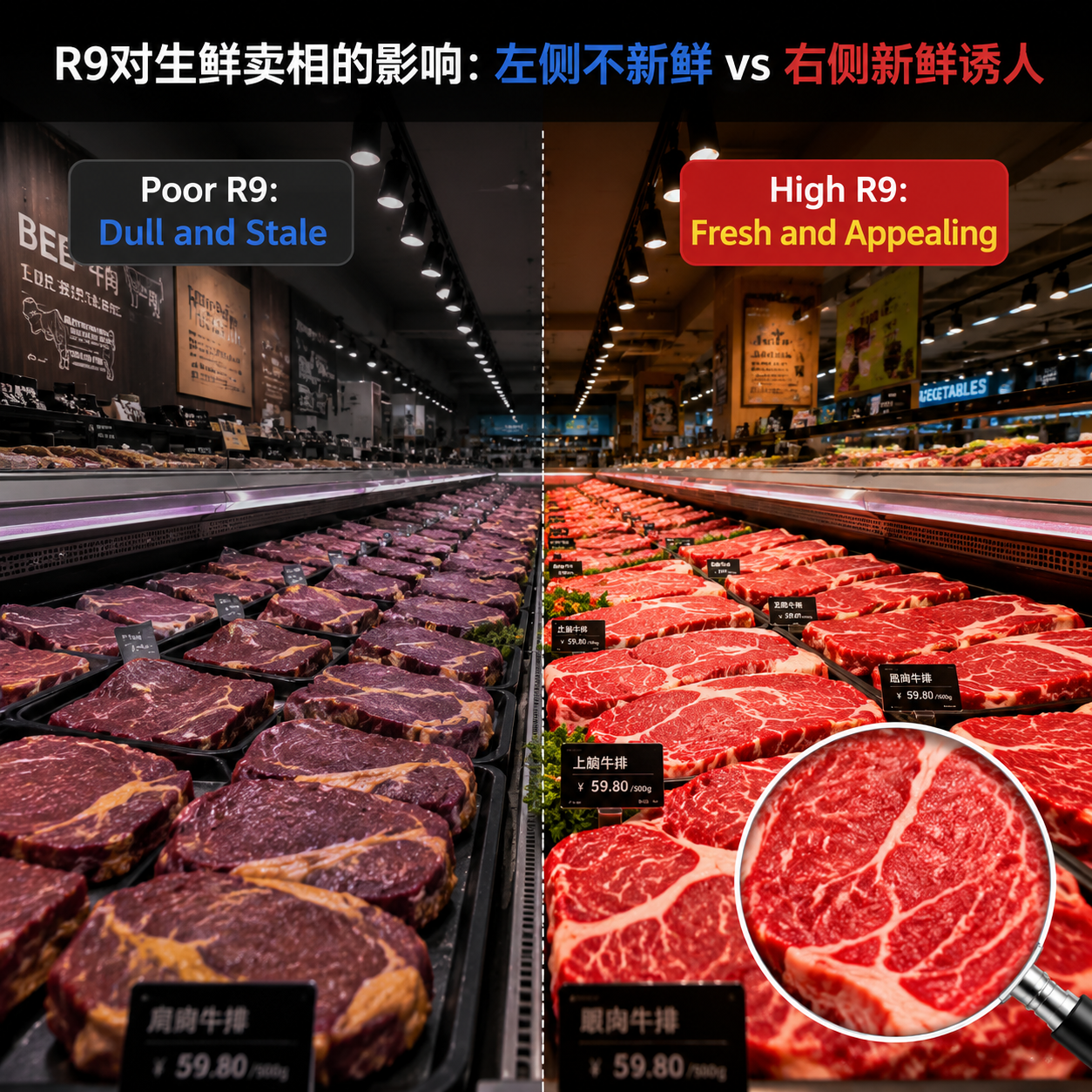 生鲜柜台对比:低R9下牛肉显灰暗,高R9下牛肉鲜红诱人