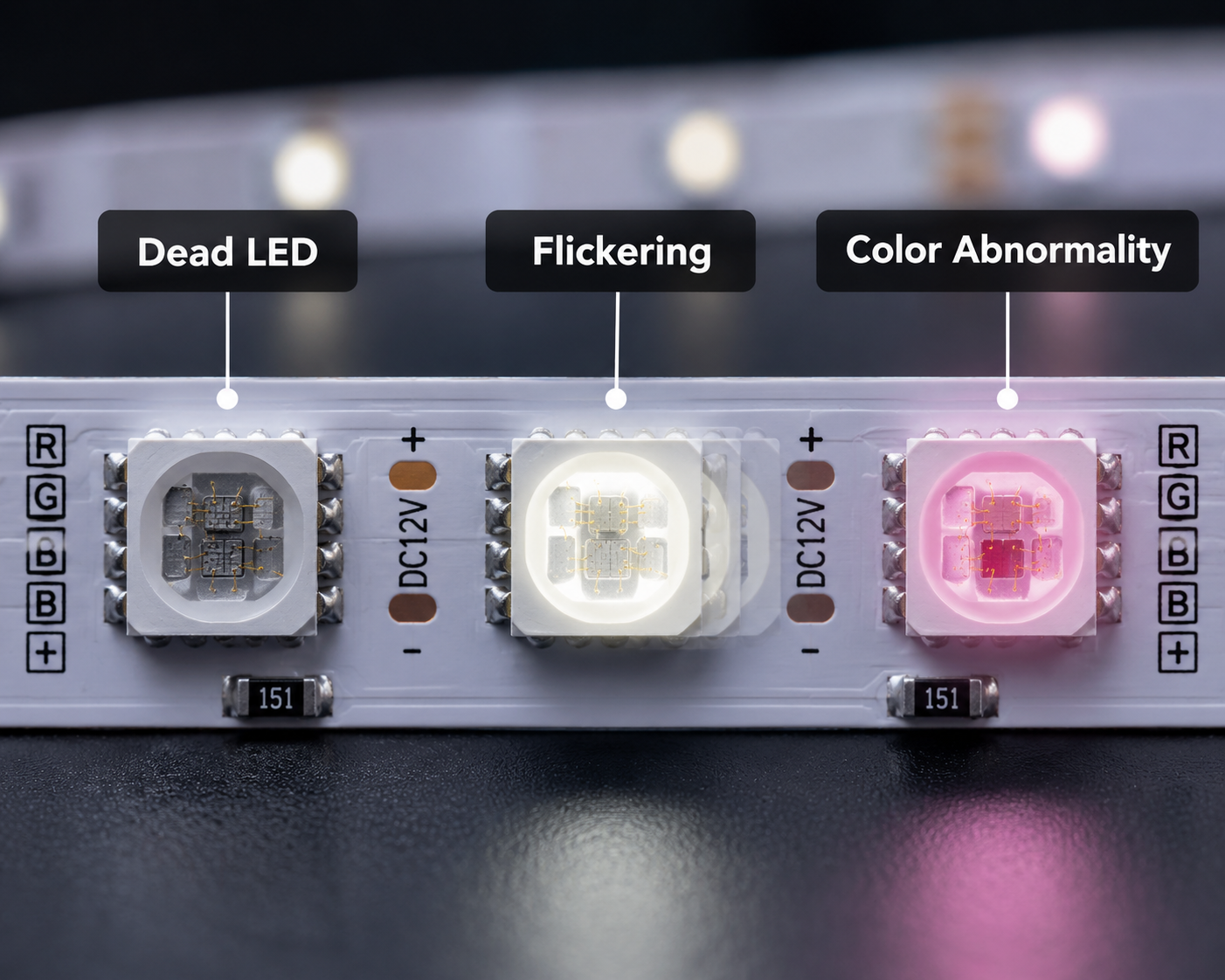 5050 LED灯珠常见的故障表现,包括不亮、闪烁和颜色异常