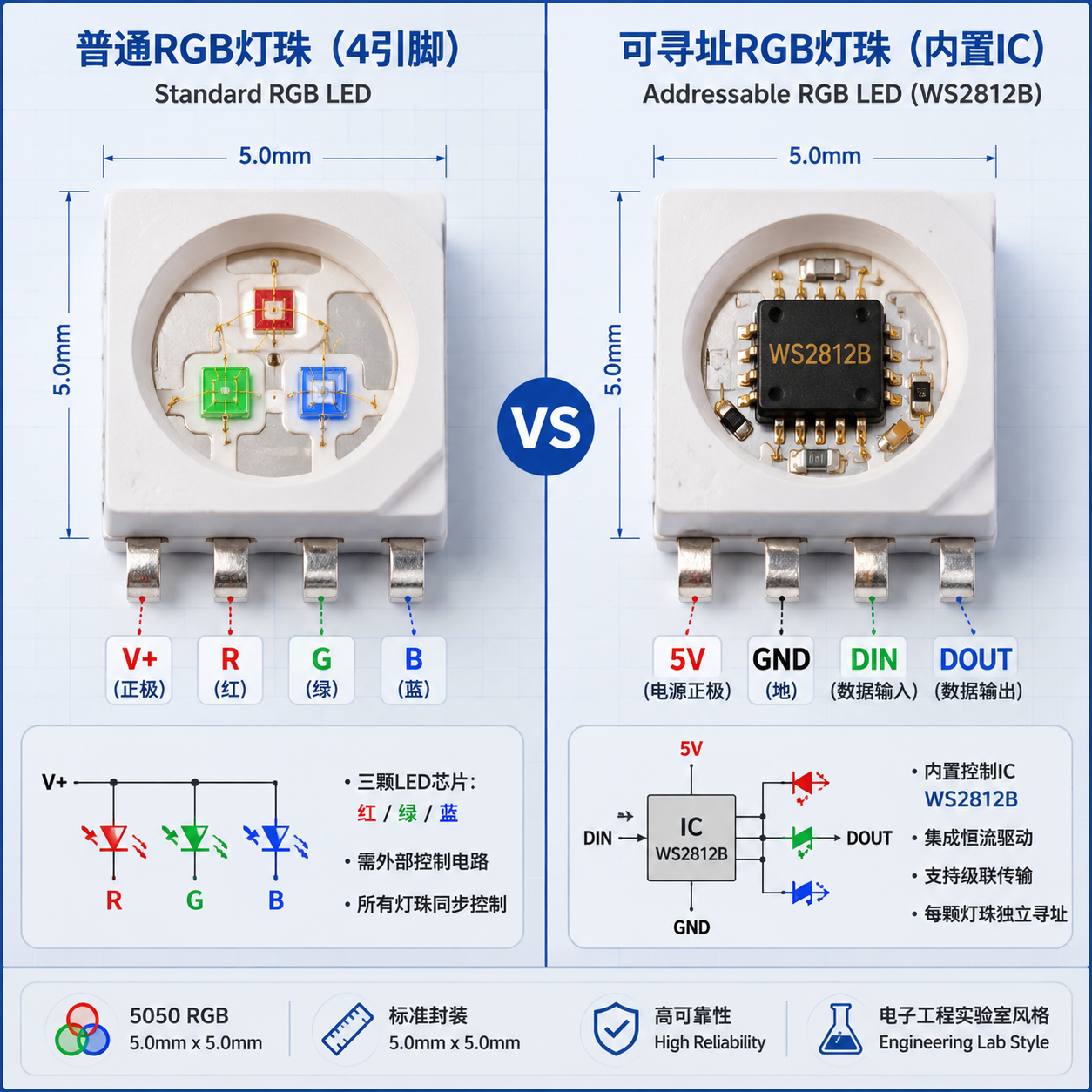 5050 RGB灯珠怎么点亮？接线、电源与调色方法