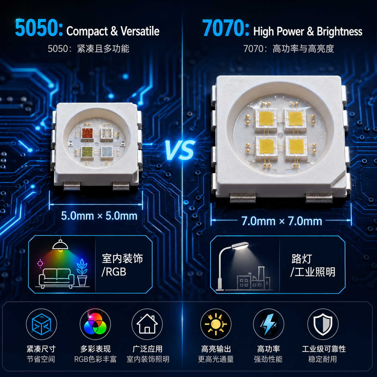 5050和7070灯珠尺寸对比图，展示5050灯珠（5.0x5.0mm，适用于室内装饰/RGB）和7070灯珠（7.0x7.0mm，适用于路灯/工业照明）的物理差异和典型应用。