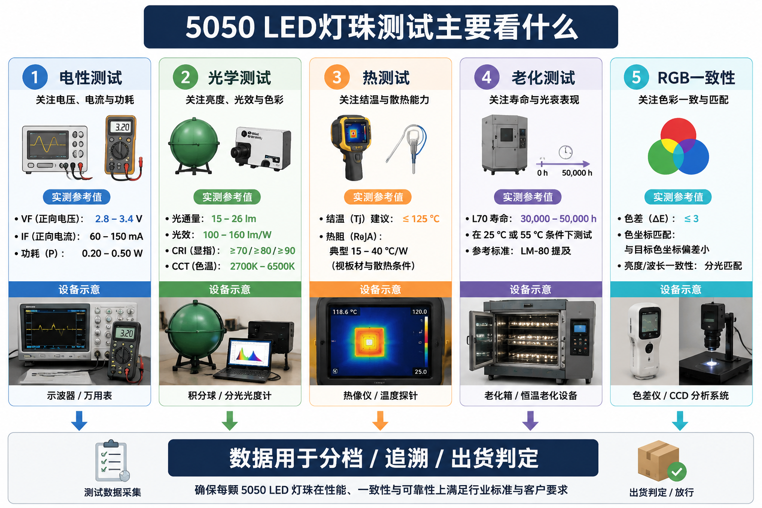 5050 LED灯珠五大核心测试项目信息图:电性、光学、热、老化和RGB一致性测试,含关键指标及检测设备示意。