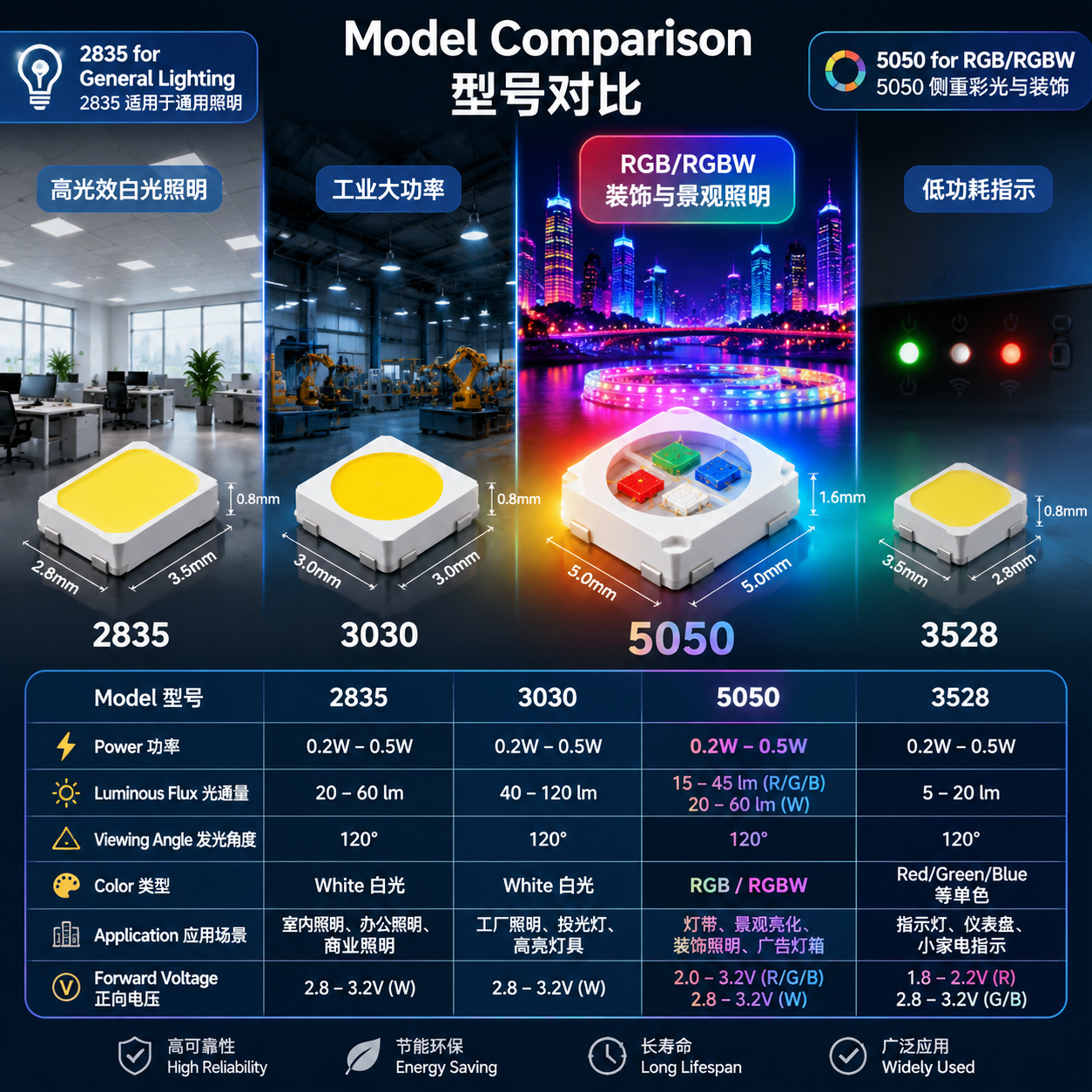 5050 LED 灯珠与其他常用型号（2835、3030、3528）的尺寸与应用场景对比图，突出 5050 在彩光和装饰照明领域的优势。