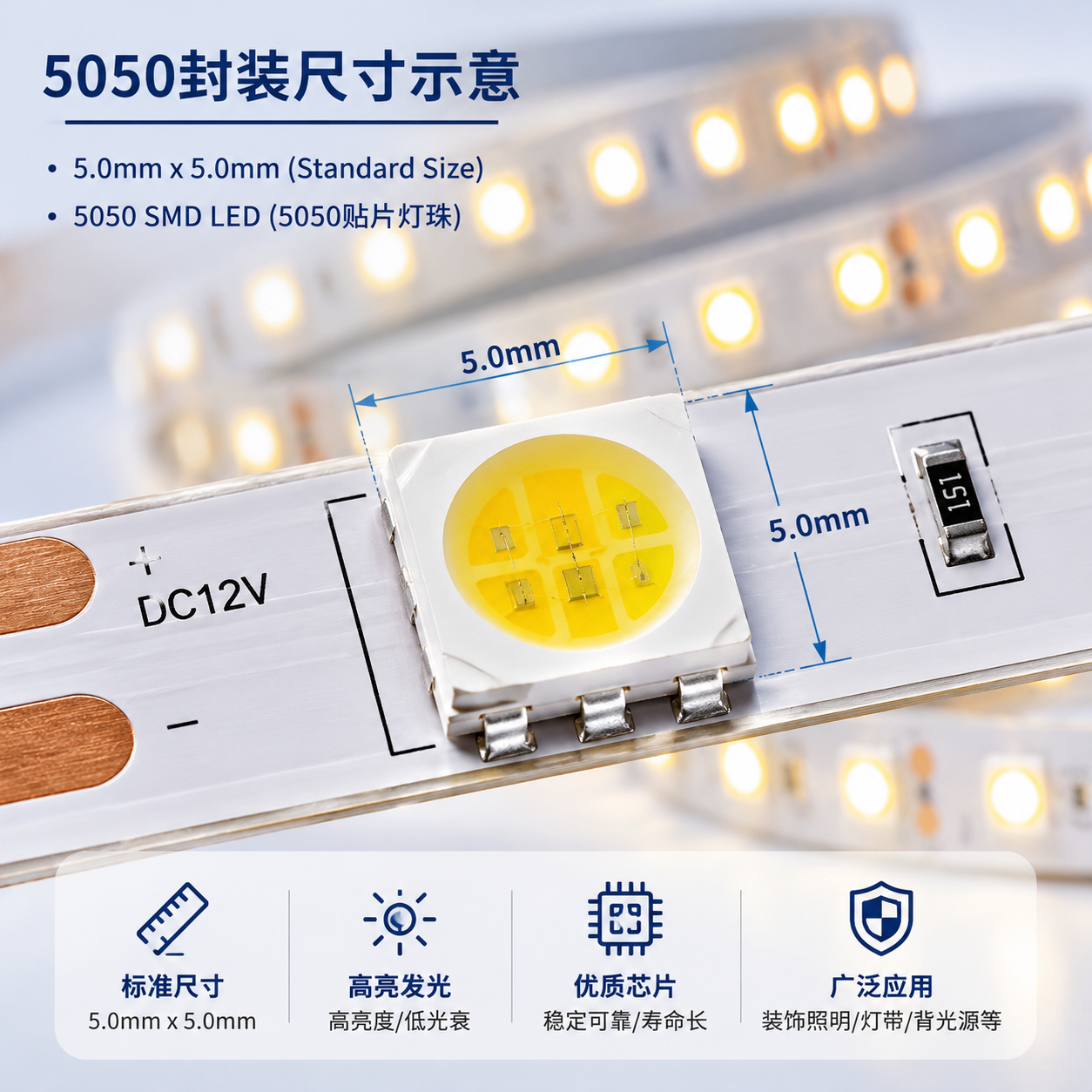 一张特写照片，展示了一颗5050贴片LED灯珠的尺寸和外观，标注了其5.0mm x 5.0mm的标准封装尺寸，以及其在LED灯带上的应用。