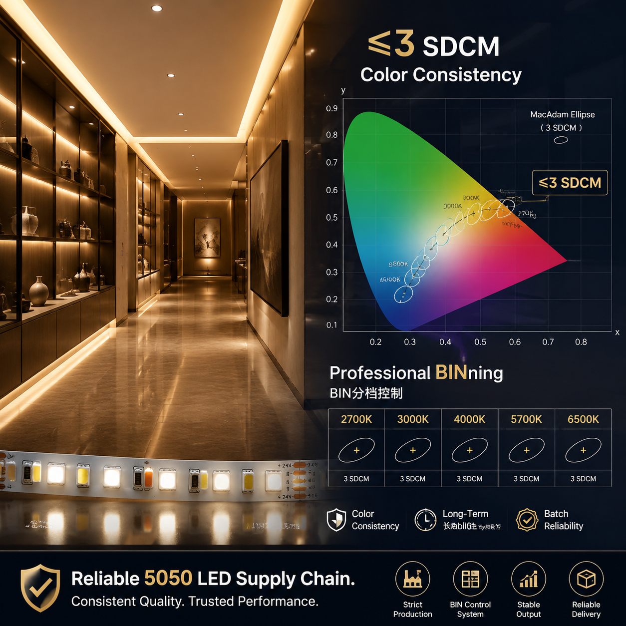 一张展示5050 LED灯带在商业空间中实现高品质灯光一致性的图片,叠加了麦克亚当椭圆分色坐标图,强调≤3 SDCM的色差控制和BIN分档的重要性。