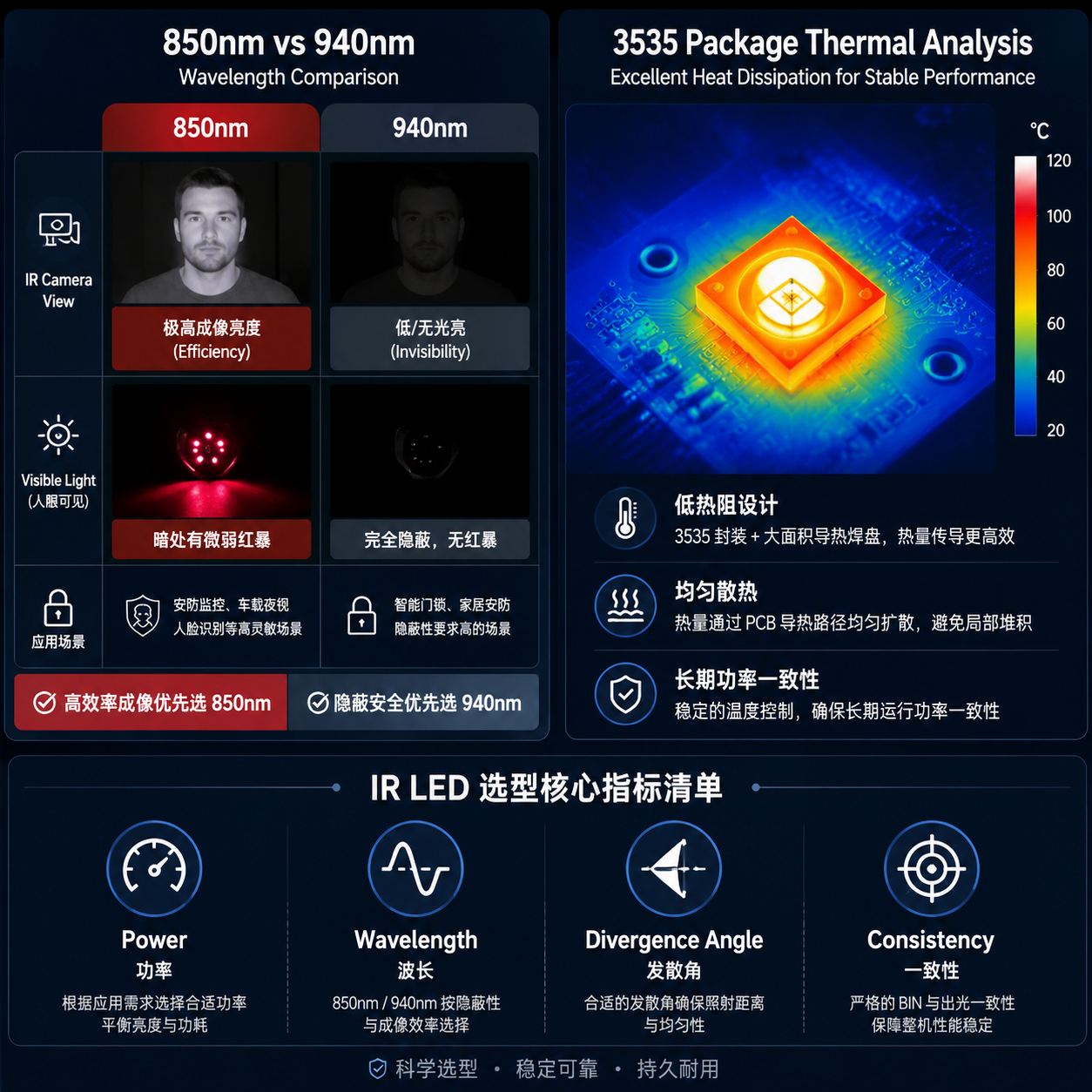 850nm与940nm红外散斑波长对比及3535封装散热分析图，突出选型时需考虑的功率、波长、发散角和一致性