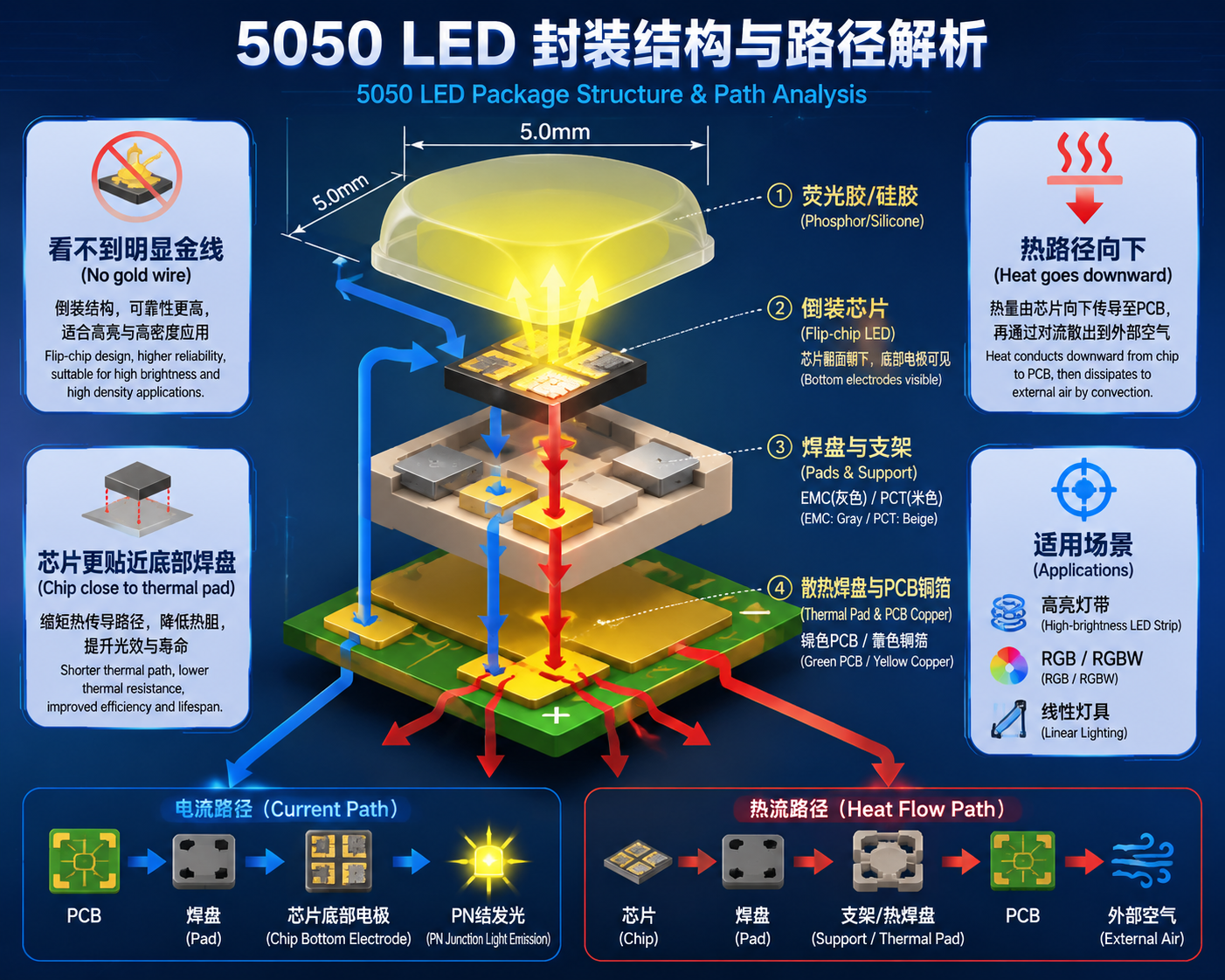 5050倒装LED结构透视图:5.0mm×5.0mm封装剖视,显示荧光胶、倒装芯片、焊盘与散热路径,标注电流与热流方向