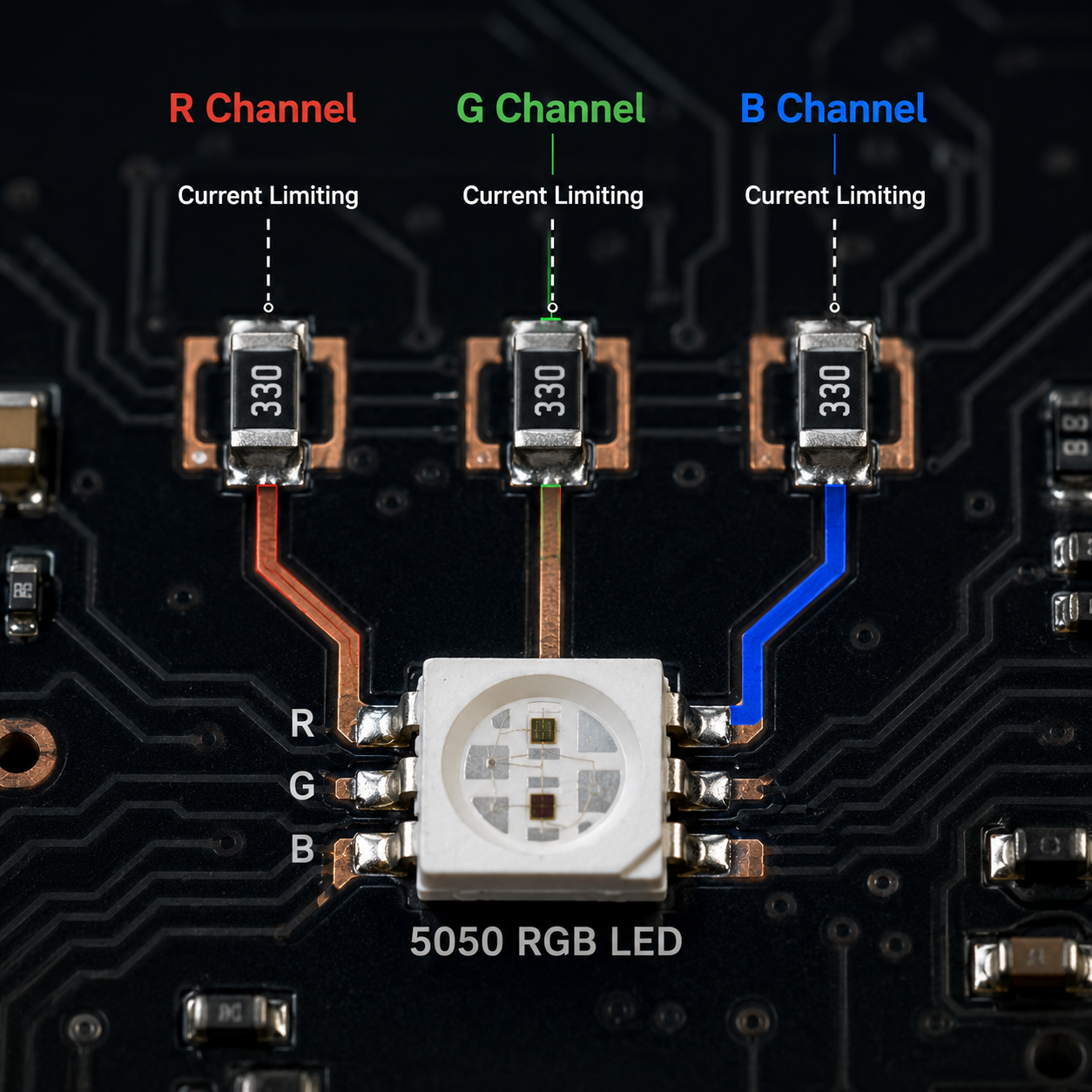 一张PCB板上的SMD5050 RGB LED灯珠，其红、绿、蓝三路分别串联了独立的贴片电阻进行限流，强调了三路独立限流的原则。