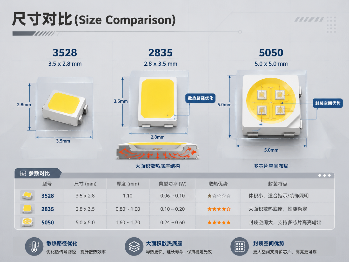 5050、2835与3528 LED灯珠封装尺寸对比图，突显5050的多芯片空间和2835的散热结构。