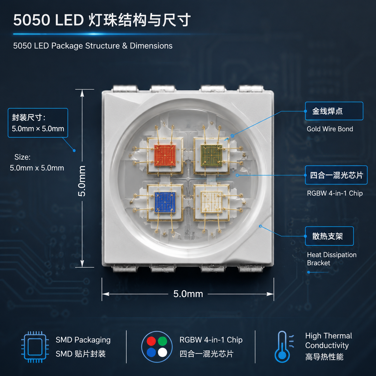 5050 LED 灯珠的解剖结构示意图，展示其 5.0mm x 5.0mm 的封装尺寸、内部金线焊点、四合一 RGBW 芯片和散热支架。