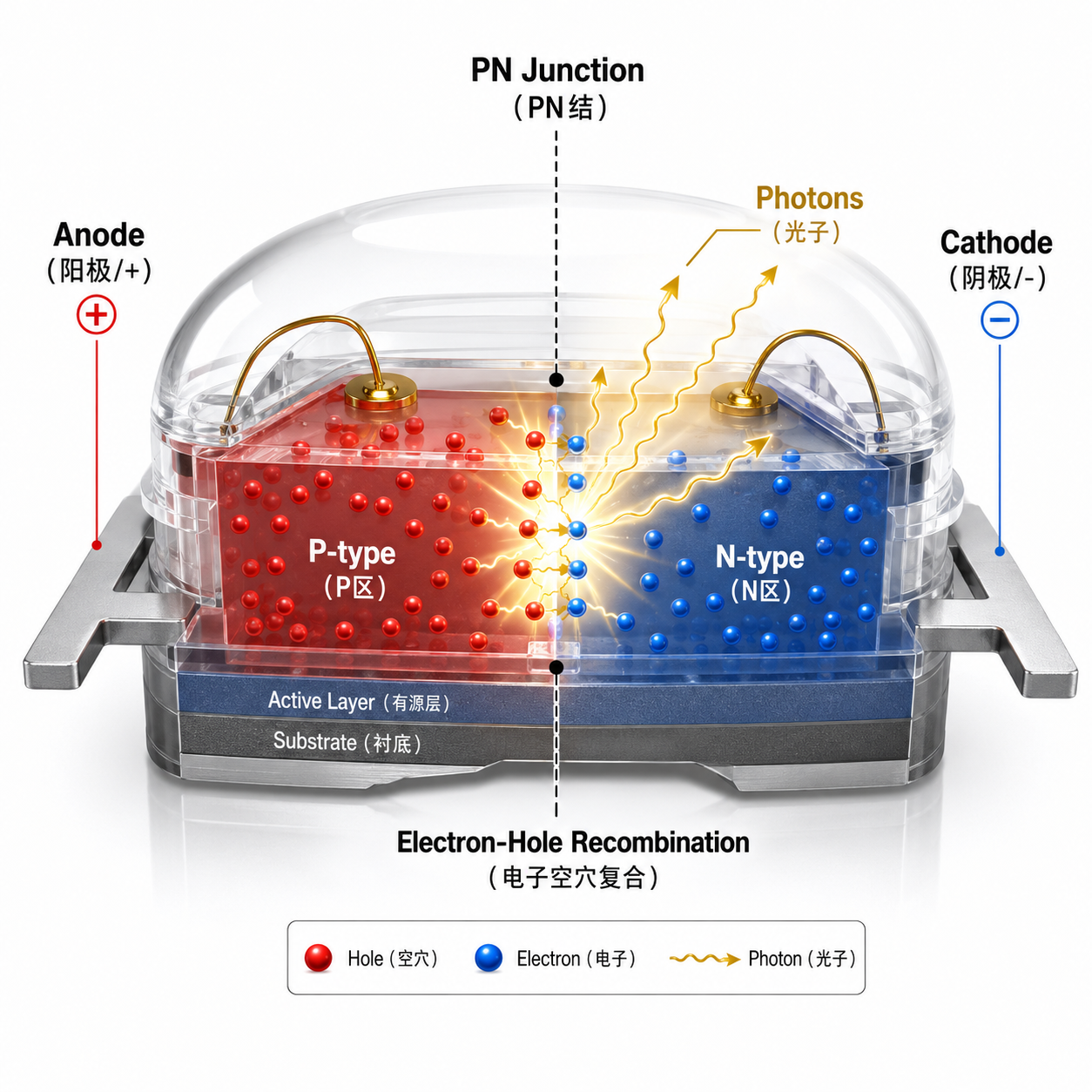 LED灯珠PN结发光原理图,展示Anode(P区)、Cathode(N区)以及电子空穴复合发光过程