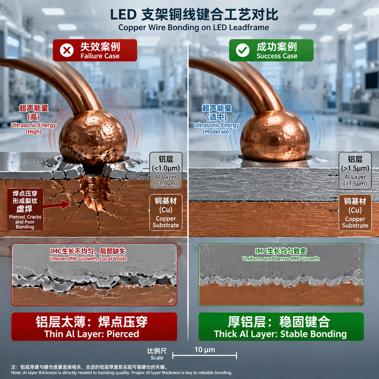 铜线键合下LED支架铝层厚度对焊点可靠性的影响对比图:左侧显示铝层薄导致焊点穿透失效,右侧显示厚铝层实现稳固键合。
